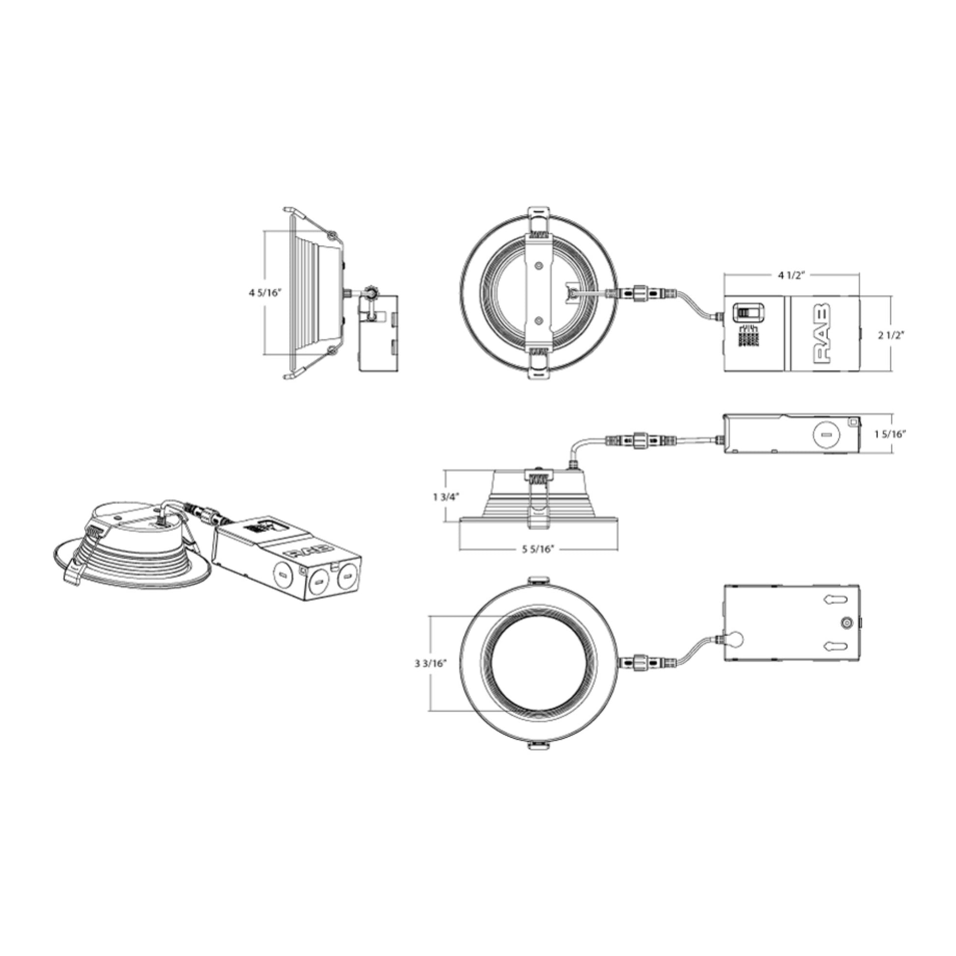 RAB Lighting - 4" Wafer Recessed LED Downlight, 1200 Lm, 5-CCT, Deep Regress Baffle Trim | Bees Lighting