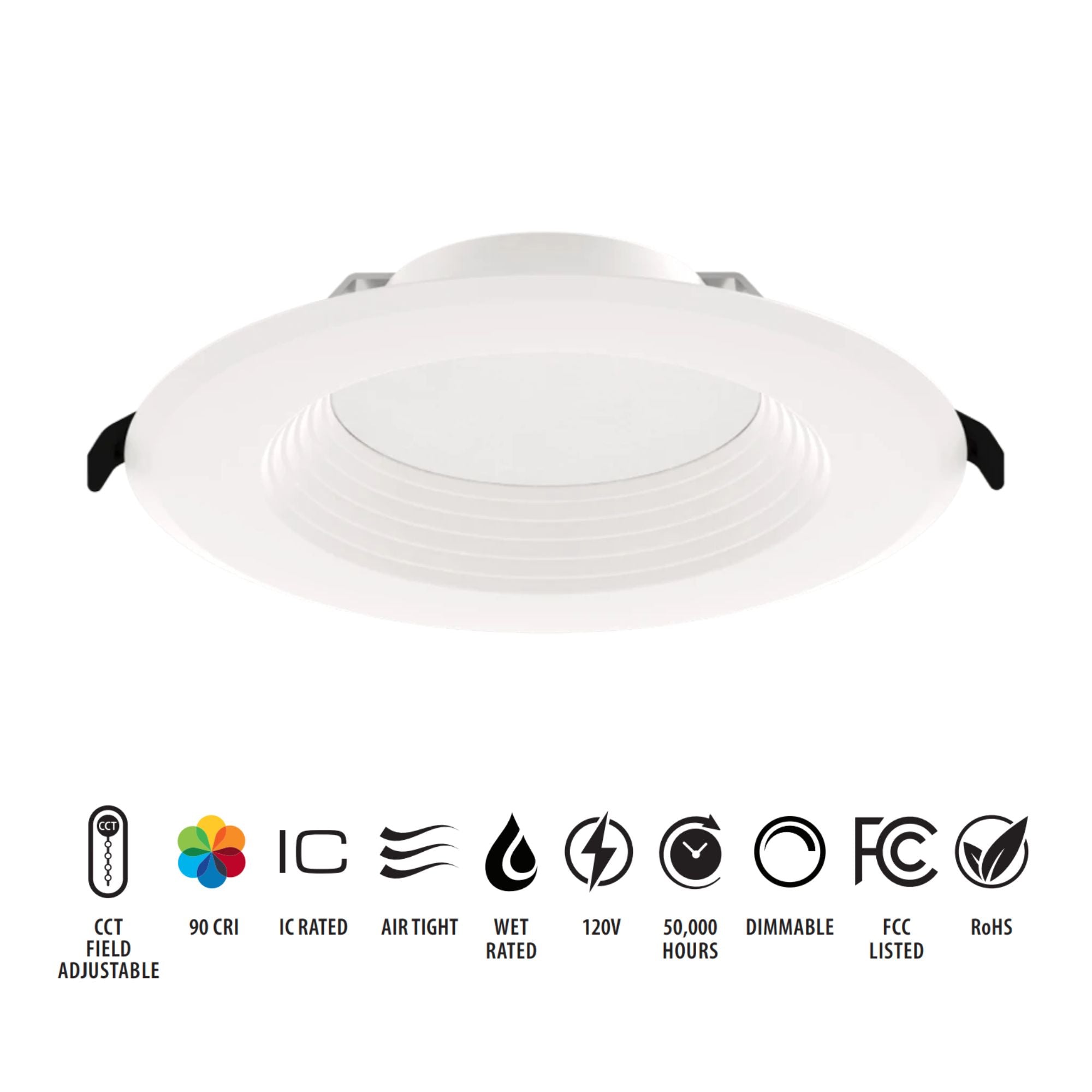 6" Wafer Recessed LED Downlight, 1500 Lm, 5-CCT, Deep Regress Baffle Trim