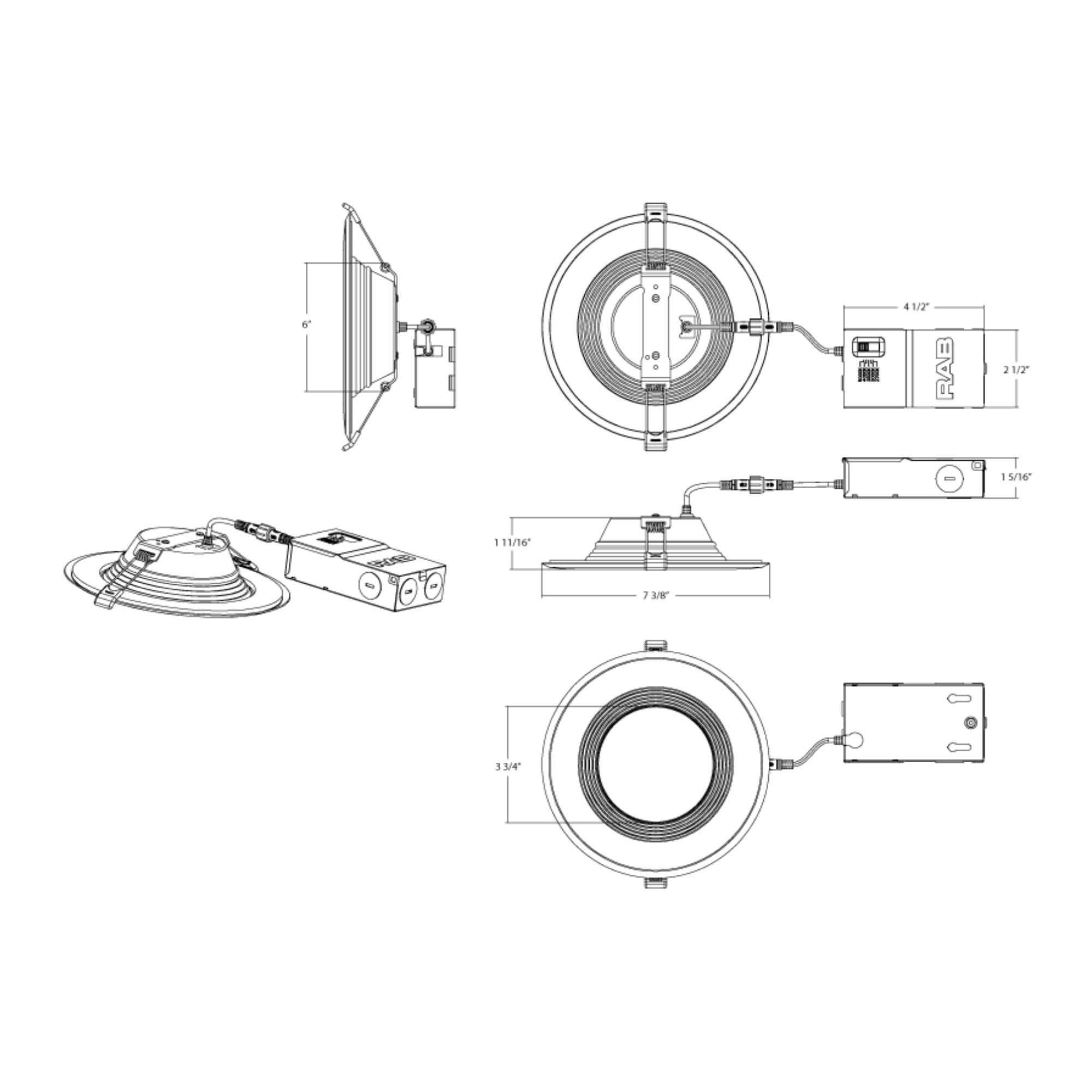 6" Wafer Recessed LED Downlight, 1500 Lm, 5-CCT, Deep Regress Baffle Trim