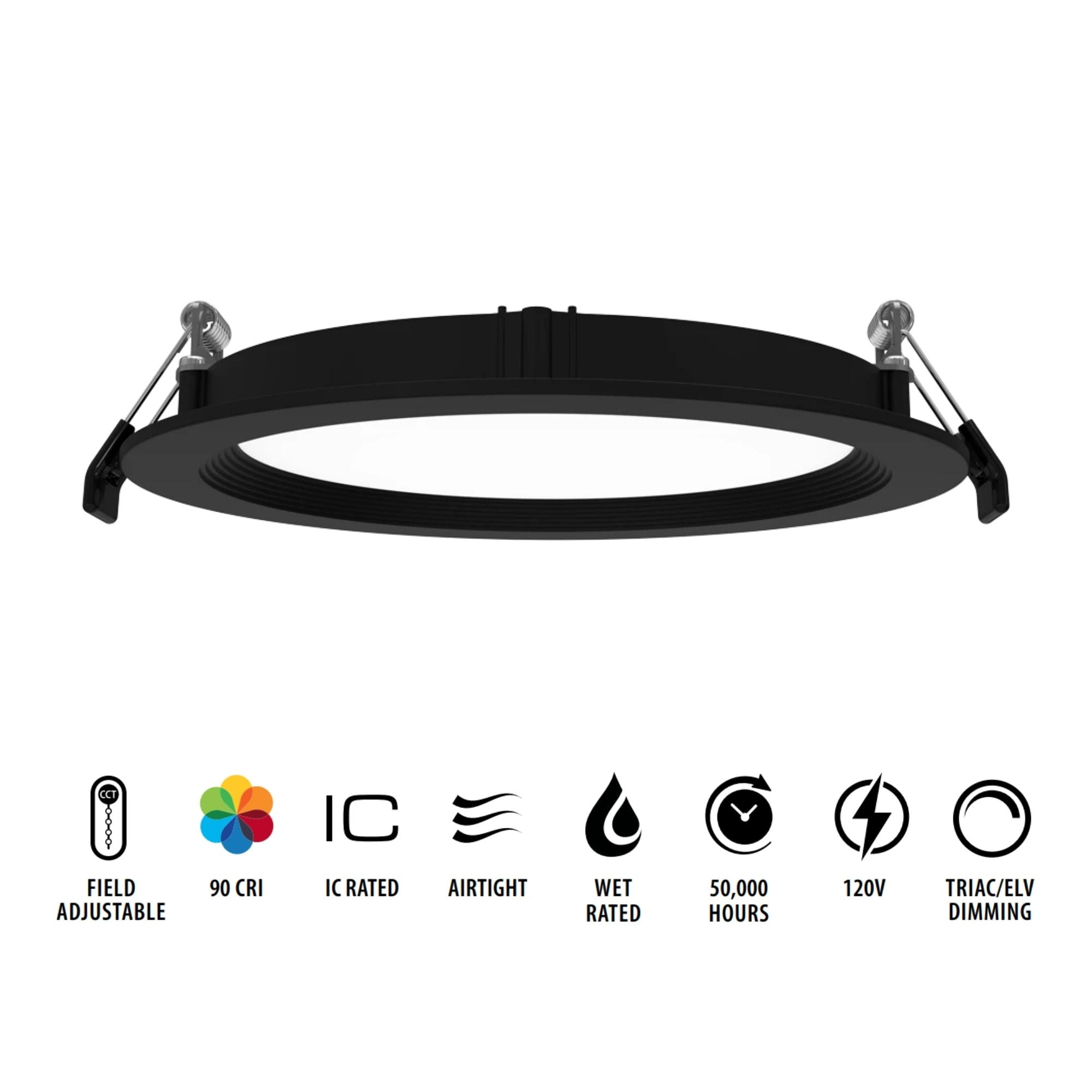 6" Wafer LED Downlight, 1100 Lm, 5-CCT, Black Baffle Trim