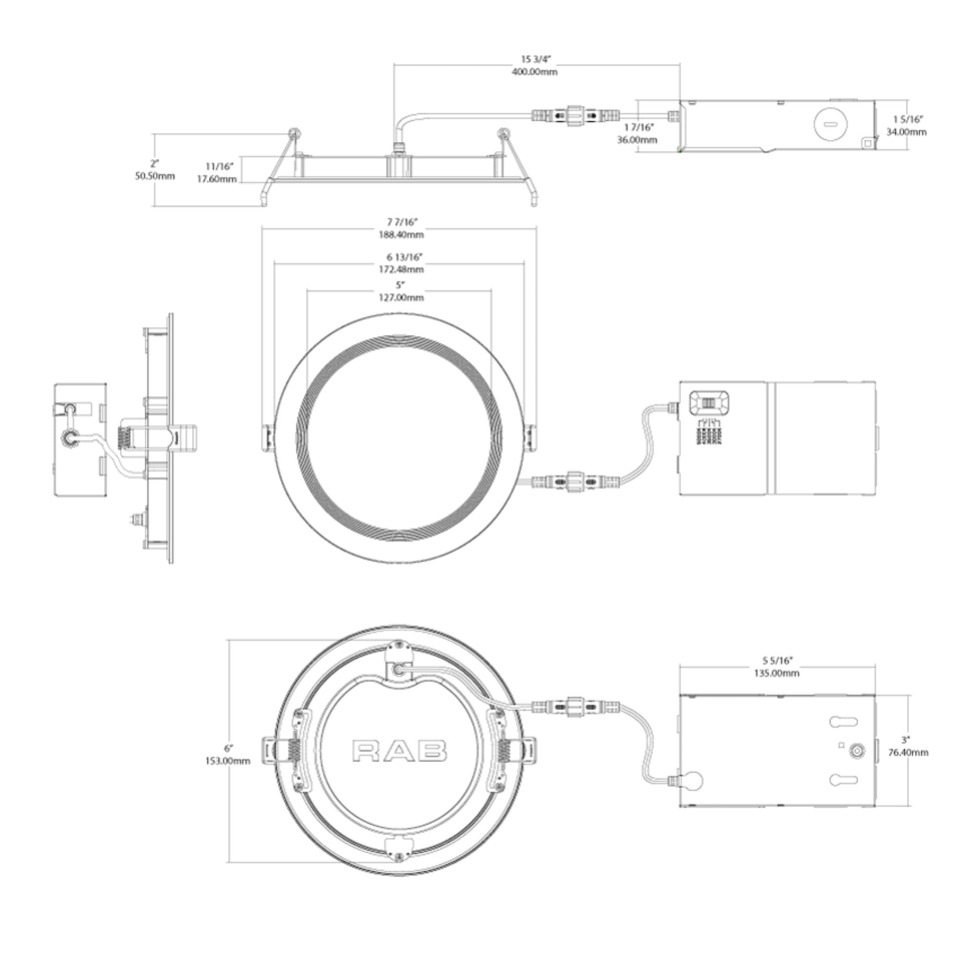 RAB WFRL6R139FADWB 6 in. Baffle Commercial Downlight 13W 1300 Lumens Selectable CCT Wet Rated