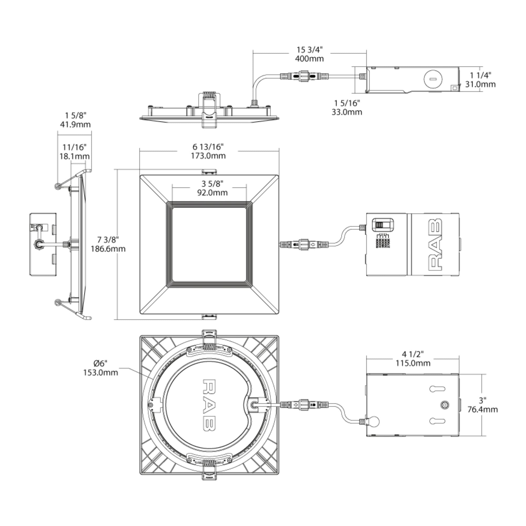 6" Square Wafer LED Downlight, 1100 Lm, White Baffle Trim