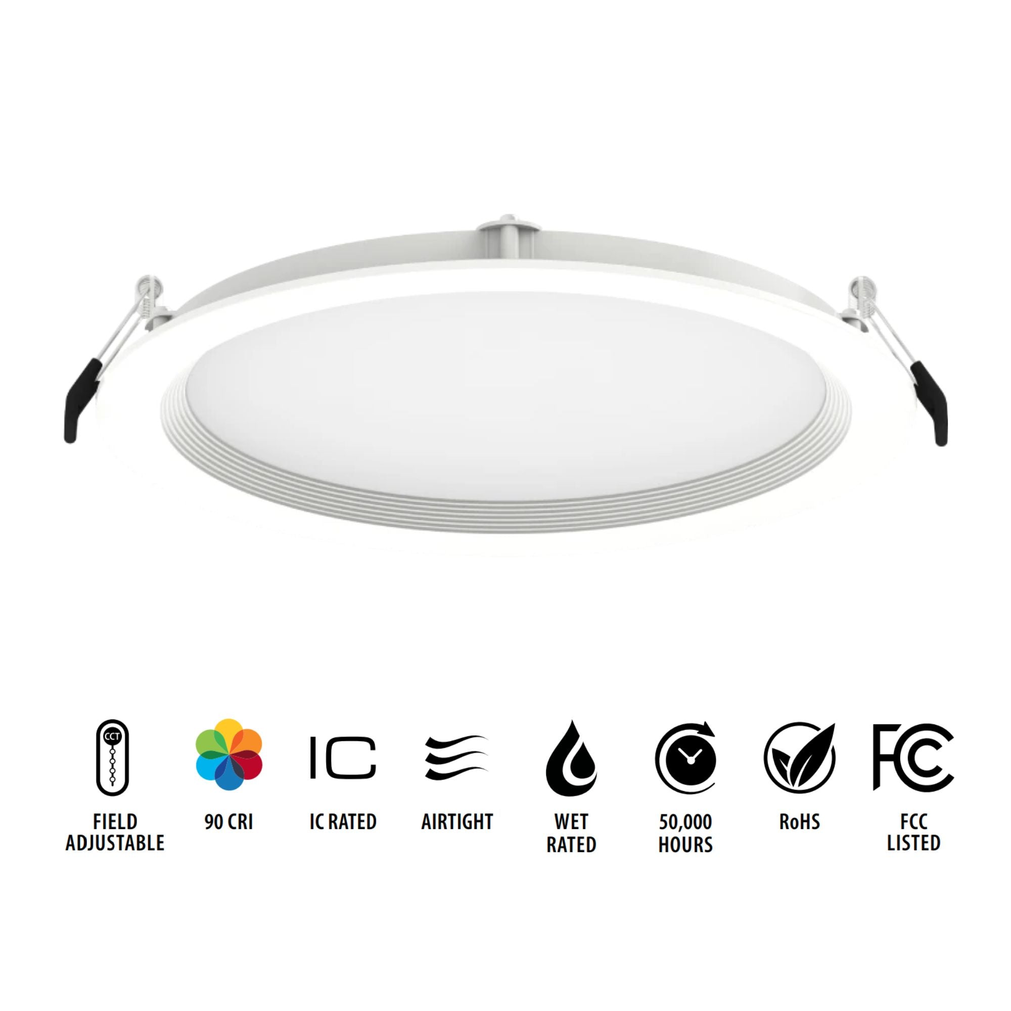 8" Wafer Commercial Downlight, 2100 Lm, 5-CCT, 120-277V, White Baffle Trim