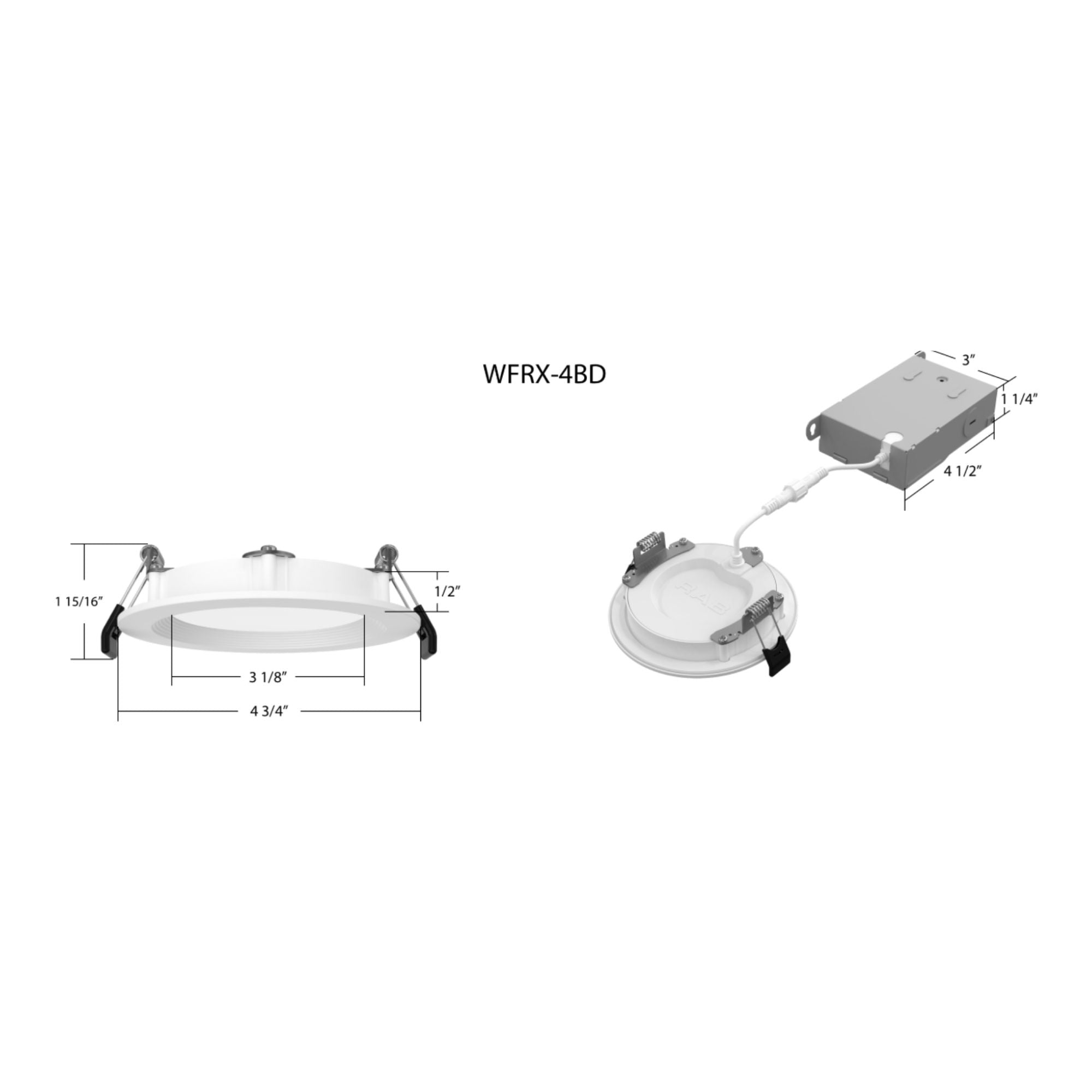 RAB WFRX-4BD - 4" Edge-Lit Wafer LED Downlight, 8W/10W/12W, 1100 Lumens, Selectable 2700K-5000K CCT, Baffle Trim, 120-277V