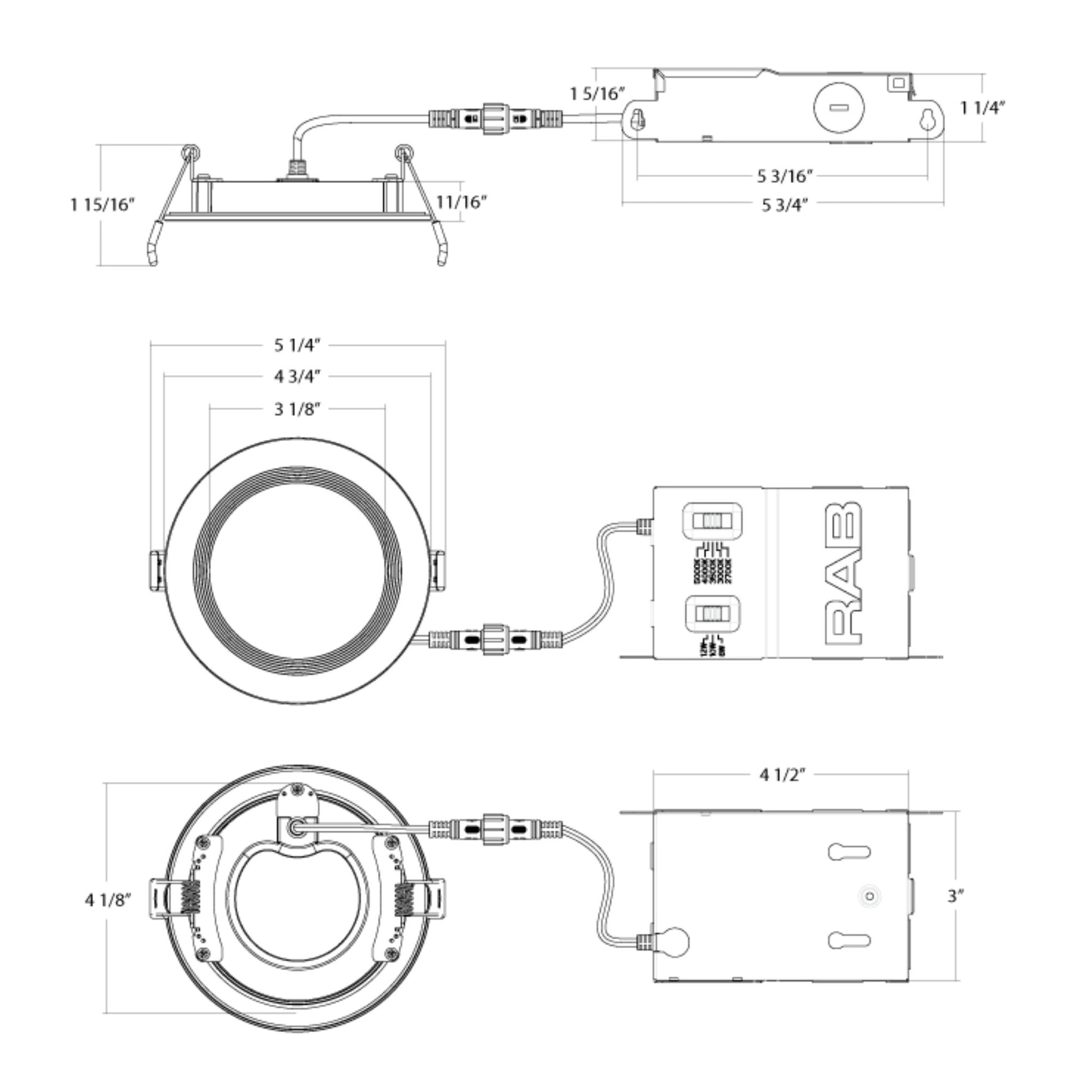 RAB Lighting - 4" Edge-Lit Wafer LED Downlight, 12W, 1100Lm, 5-CCT, 120-277V, Baffle Trim | Bees Lighting