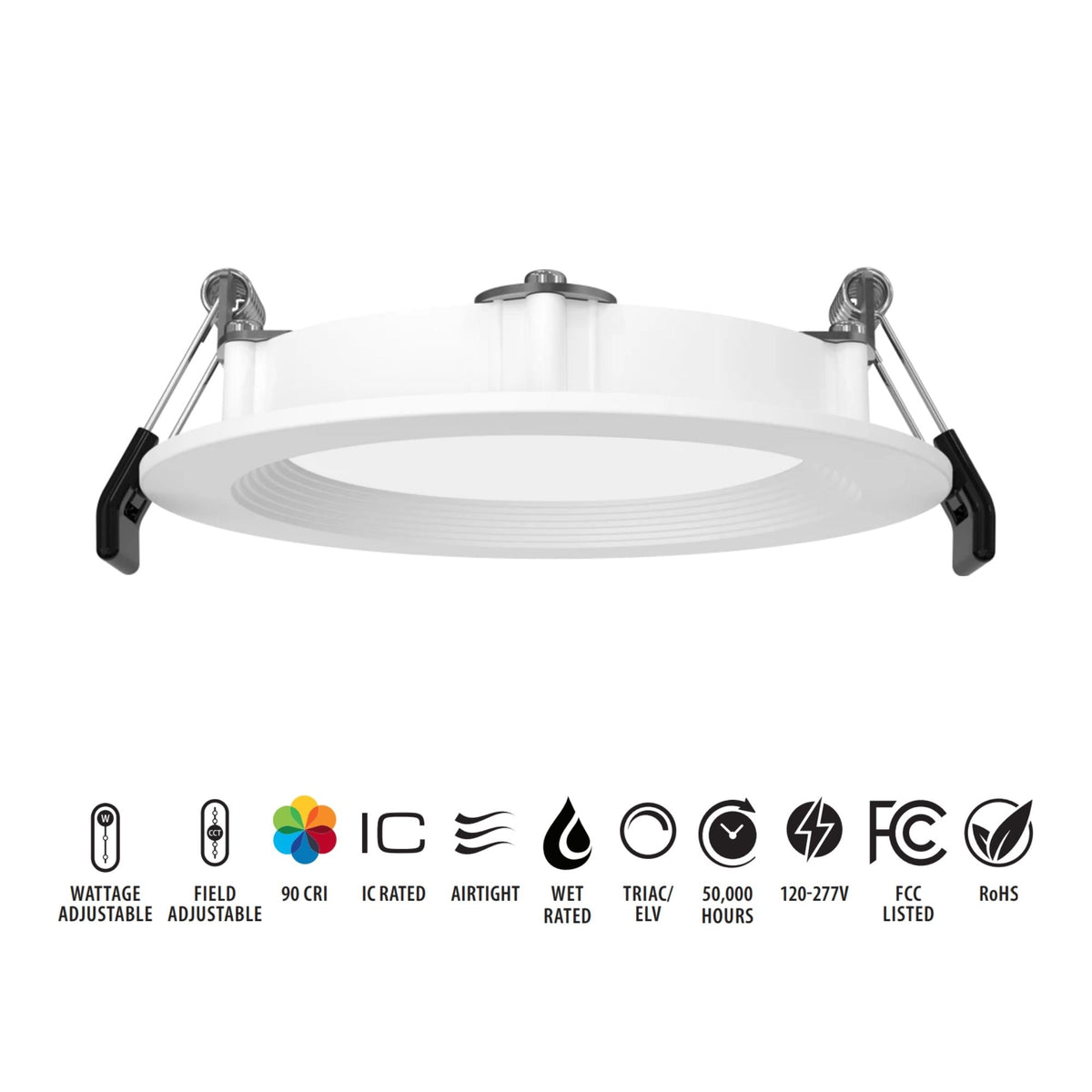 LED downlight fixture with certification icons on a white background