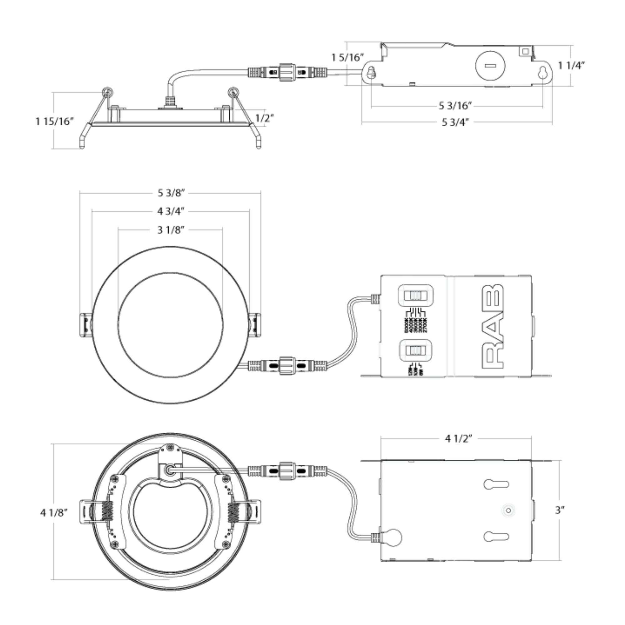 RAB Lighting - 4" Edge-Lit Wafer LED Downlight, 12W, 1100Lm, 5-CCT, 120-277V, Smooth Trim | Bees Lighting