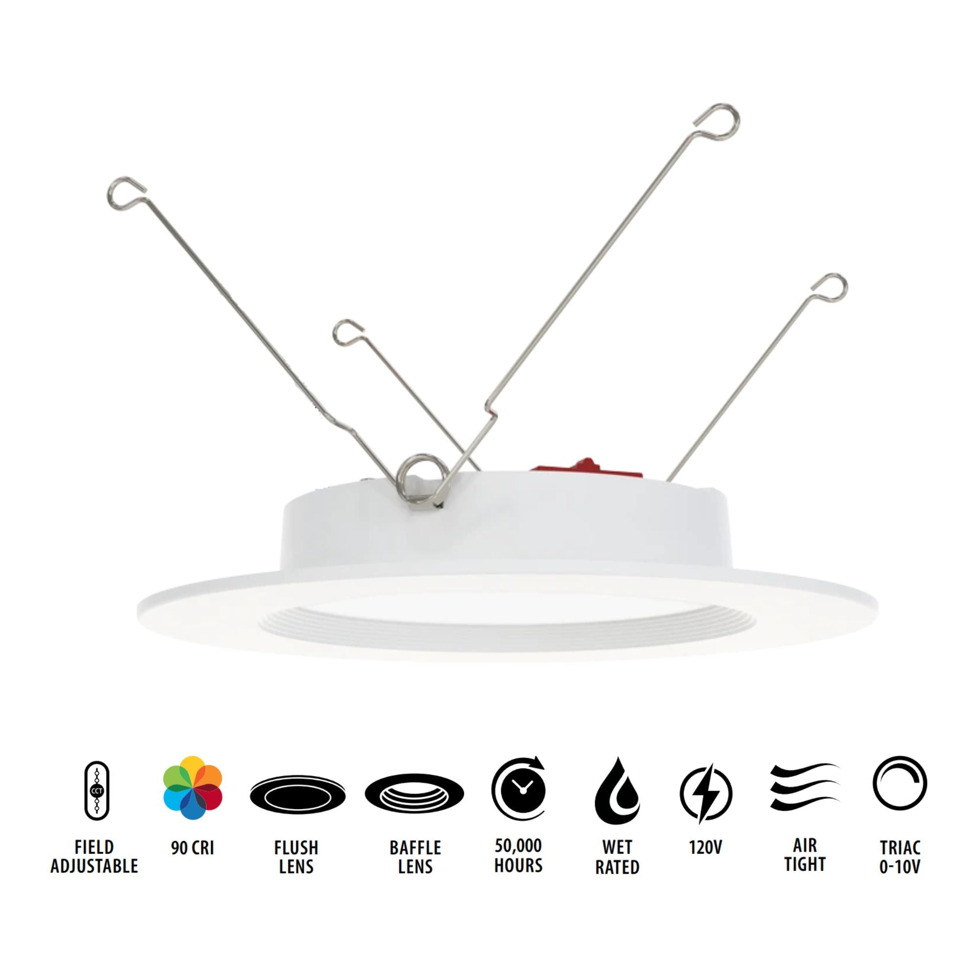 6" Retrofit Baffle Lens Wafer LED Downlight - 1100 Lumens, 5-CCT, White