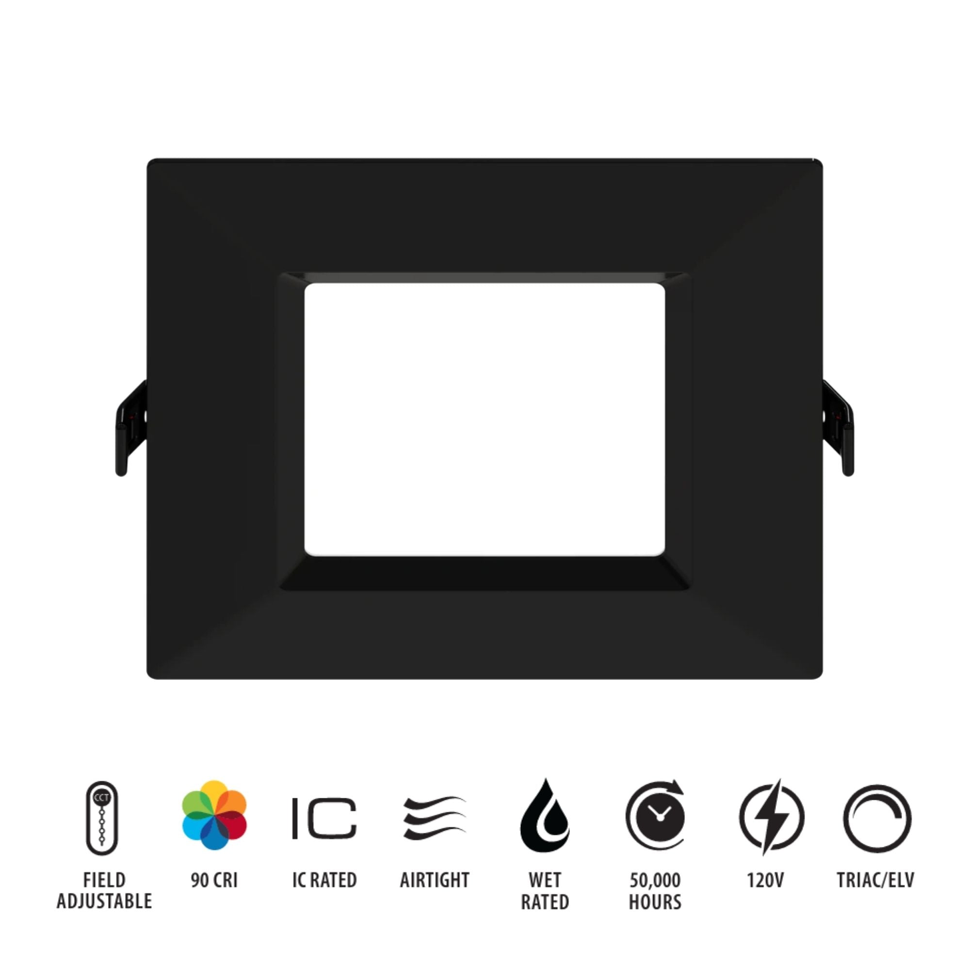 RAB WFRL4S99FA120BS 4 in. Ultra Thin Square Smooth Downlight 9W 750 Lumens Selectable CCT, Black
