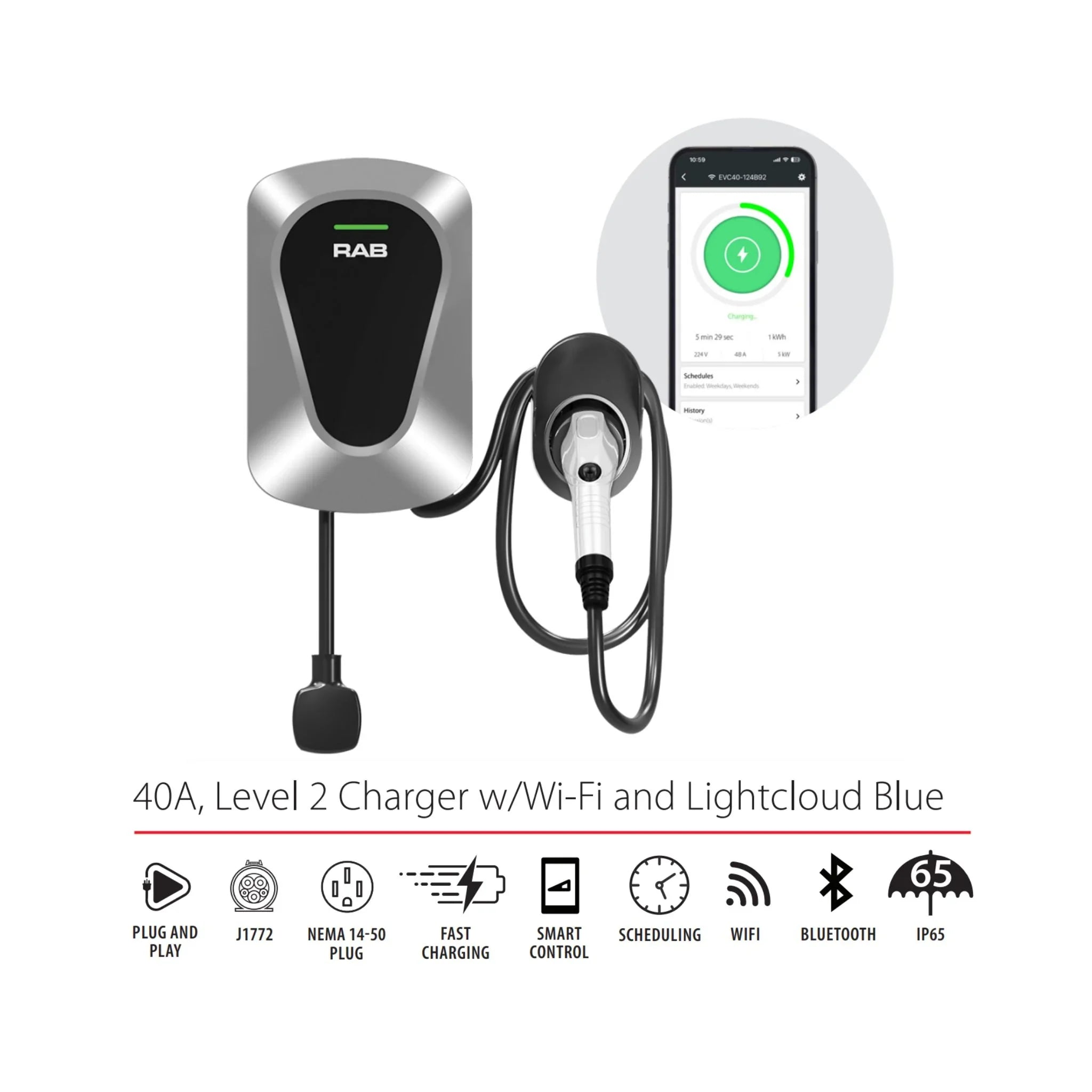 RAB Lighting EVC40/LCB 40A Level 2 Smart Electric Vehicle Charger with Wi-Fi and Lightcloud Blue