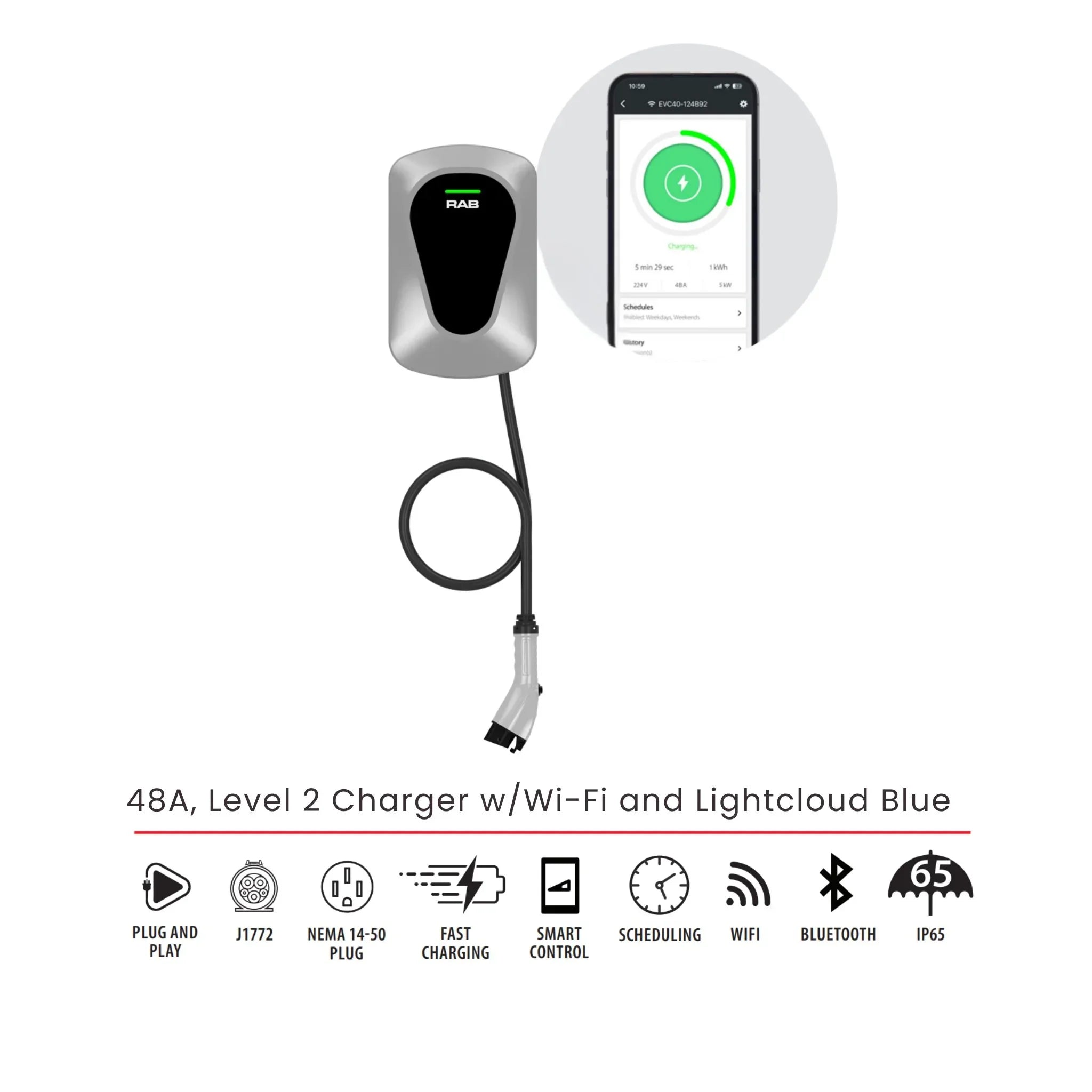 RAB Lighting EVC48/LCB 48A Level 2 Smart Electric Vehicle Charger with Wi-Fi and Lightcloud Blue
