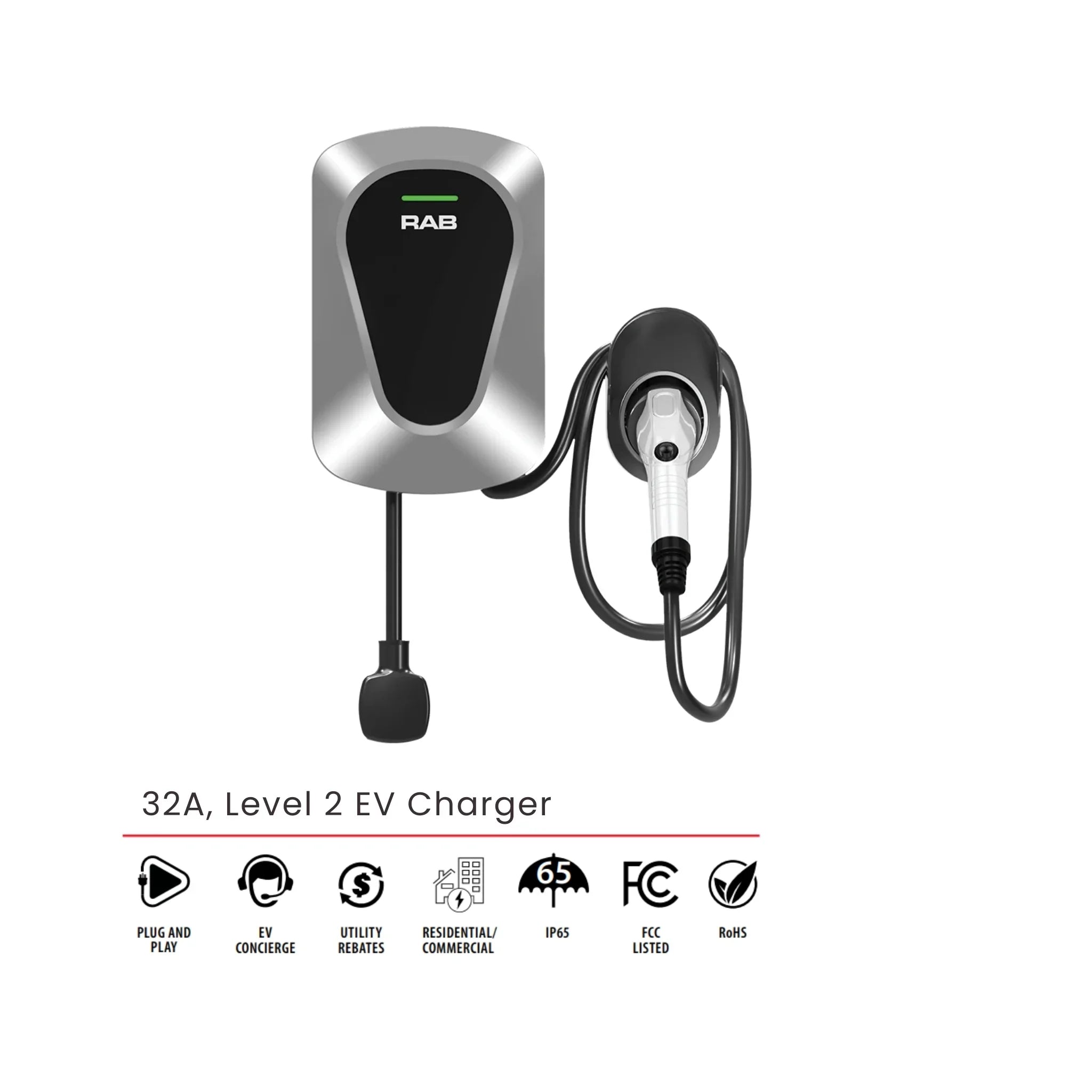 RAB Lighting EVC32 32A Level 2 Electric Vehicle Charger - Wall Mount SAEJ1772 Non-Networked