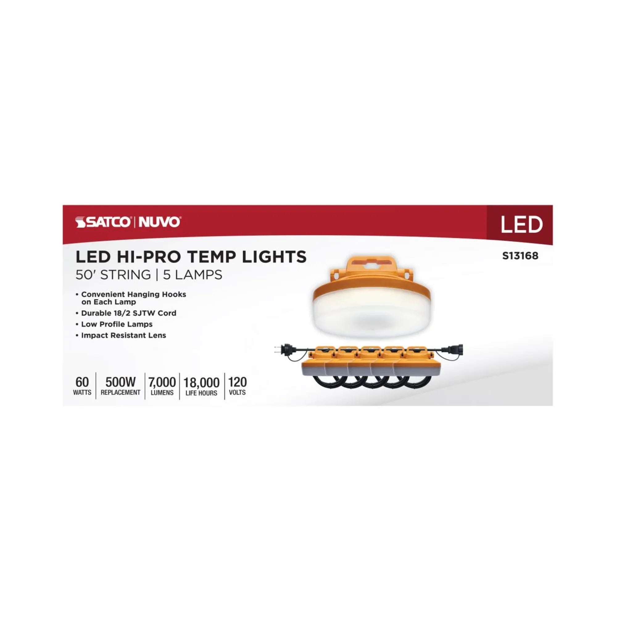 SATCO|NUVO - 50ft Hi-Pro LED Construction String Light, 7000 Lumens, Plug & Hooks | Bees Lighting