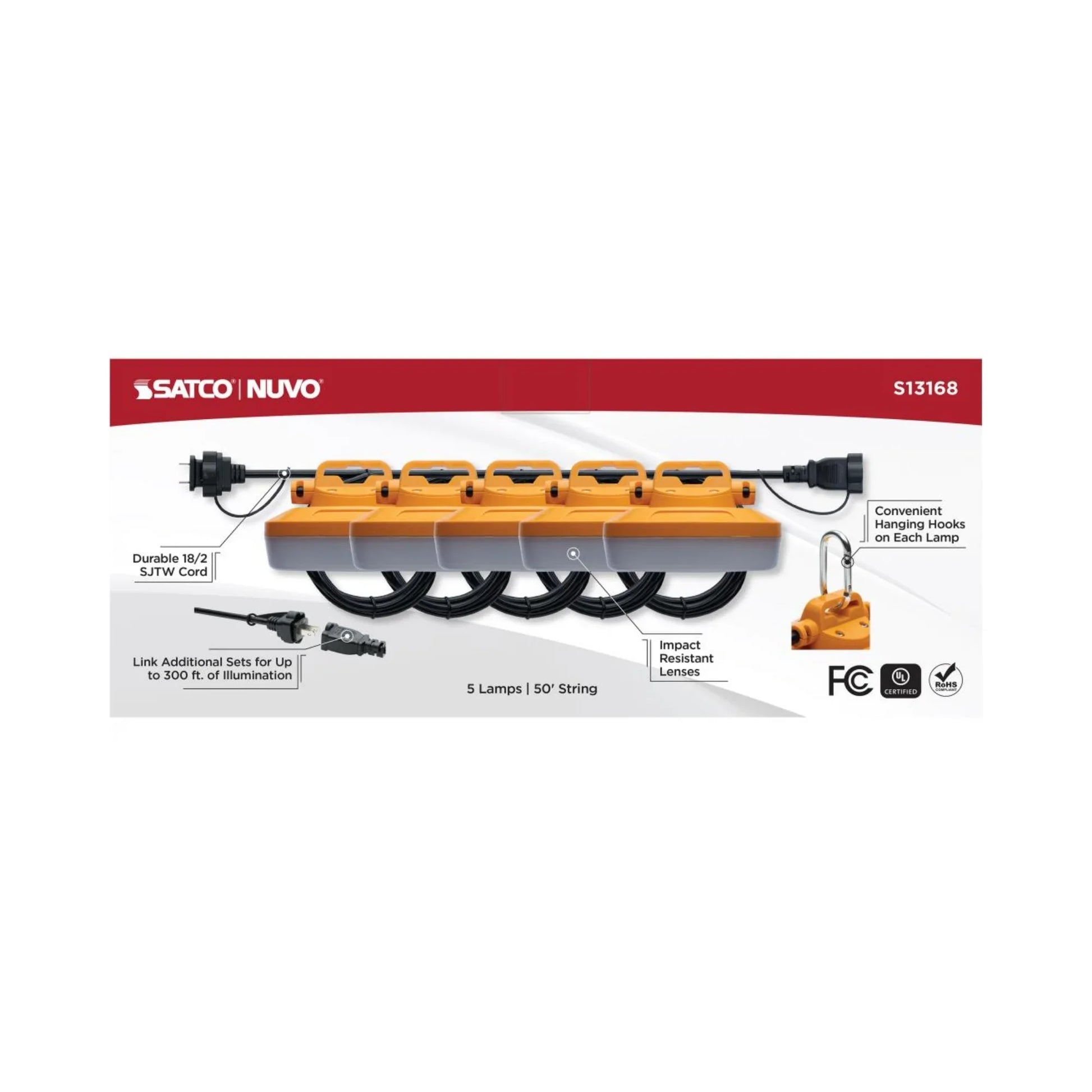 SATCO|NUVO - 50ft Hi-Pro LED Construction String Light, 7000 Lumens, Plug & Hooks | Bees Lighting