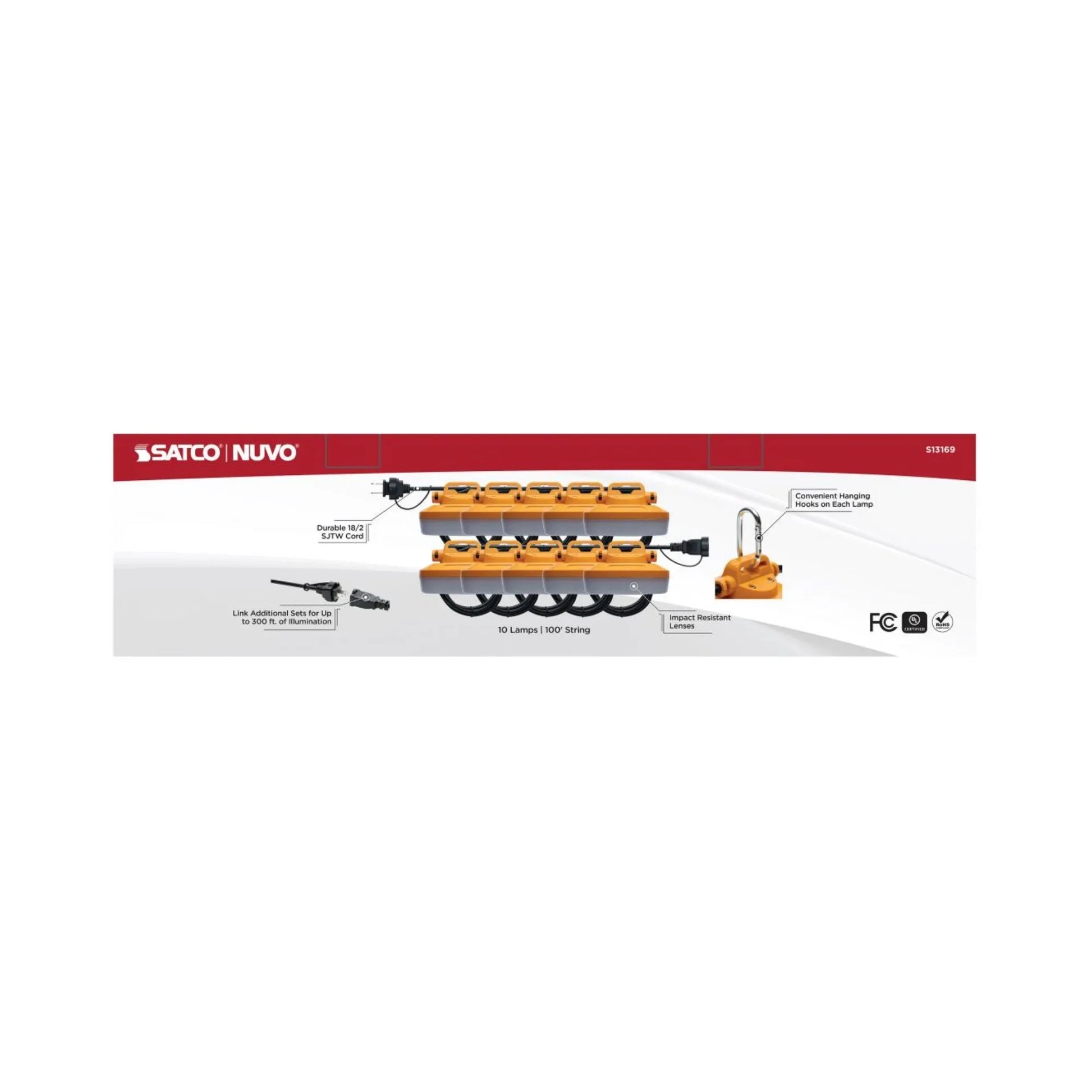 SATCO|NUVO - 100ft Hi-Pro LED Construction String Light, 14000 Lumens, Plug & Hooks | Bees Lighting