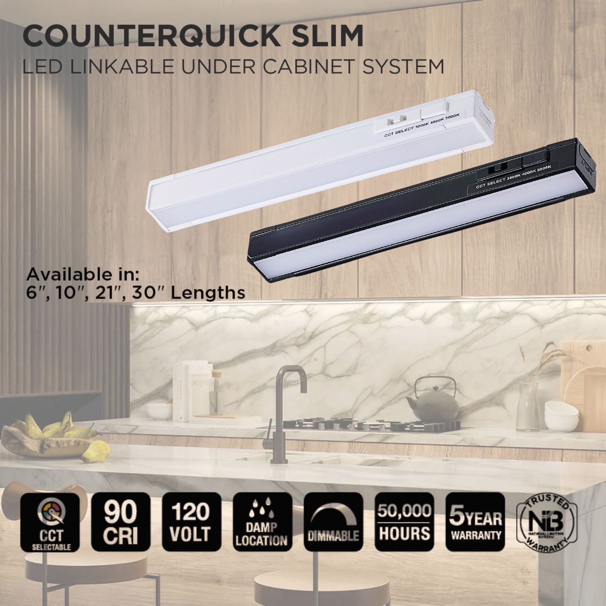 CounterQUICK Slim 10 Inch Under Cabinet LED Light, 4W, CCT Selectable, 120V, White