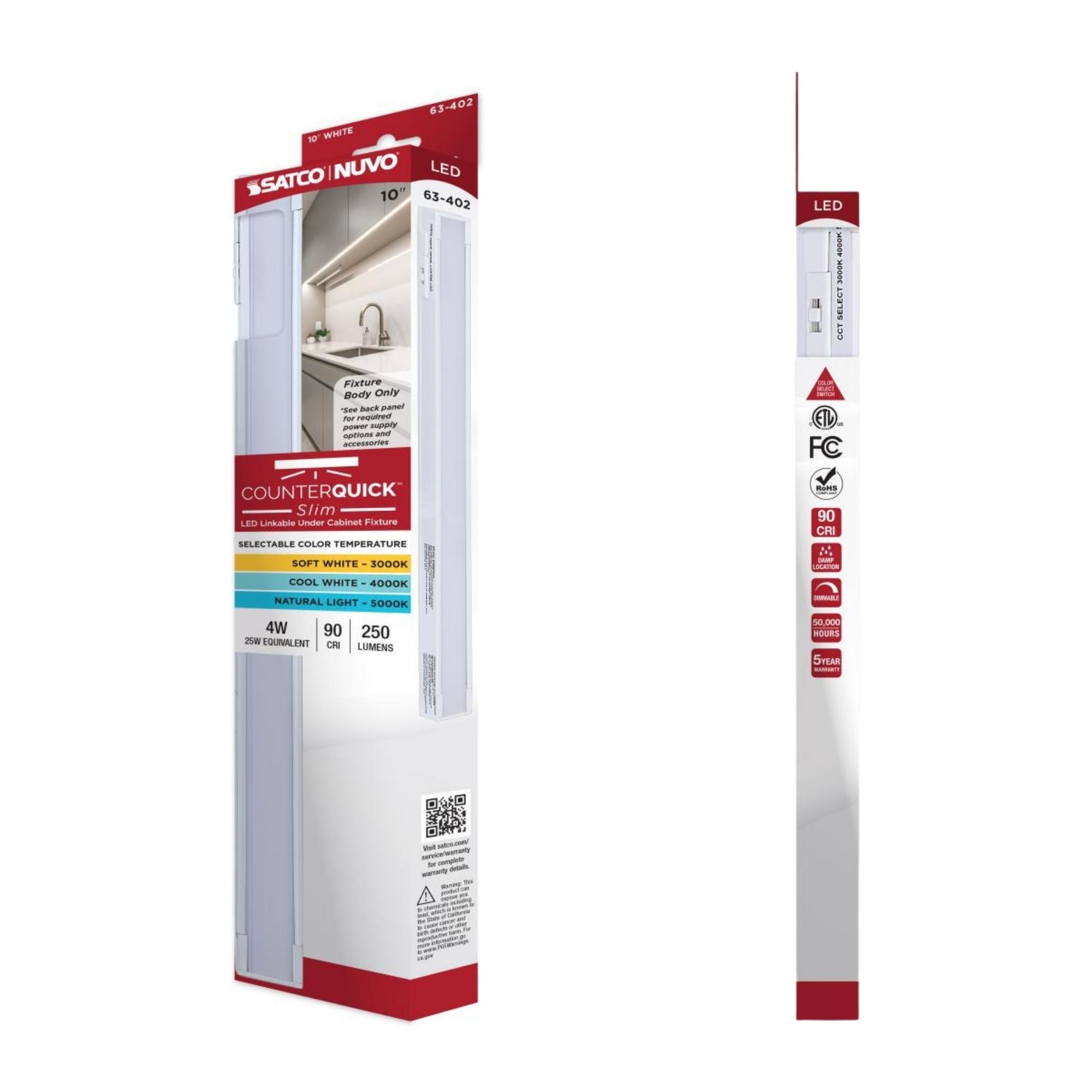 CounterQUICK Slim 10 Inch Under Cabinet LED Light, 4W, CCT Selectable, 120V, White