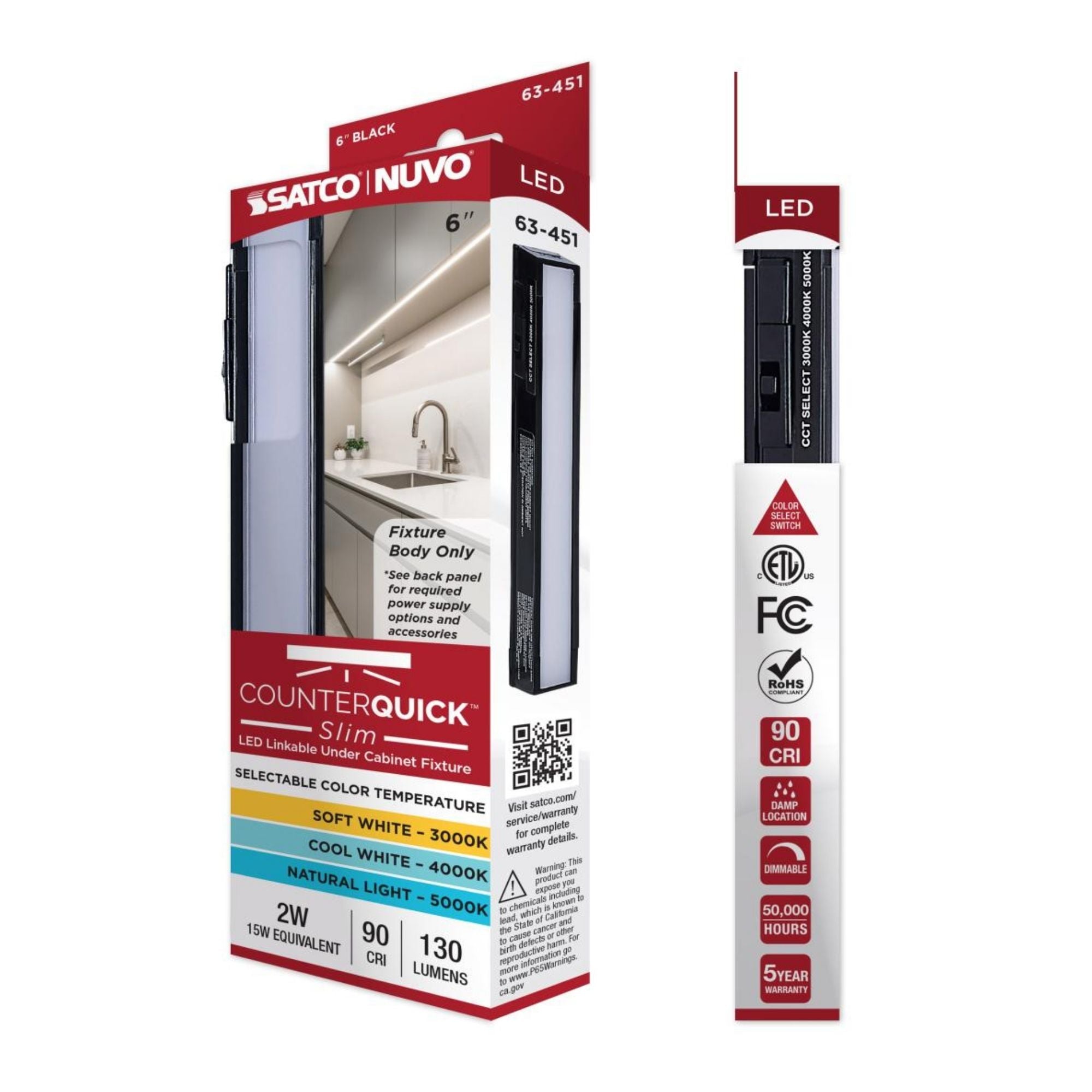 CounterQUICK Slim 6 Inch Under Cabinet LED Light, 2W, CCT Selectable, 120V, Black