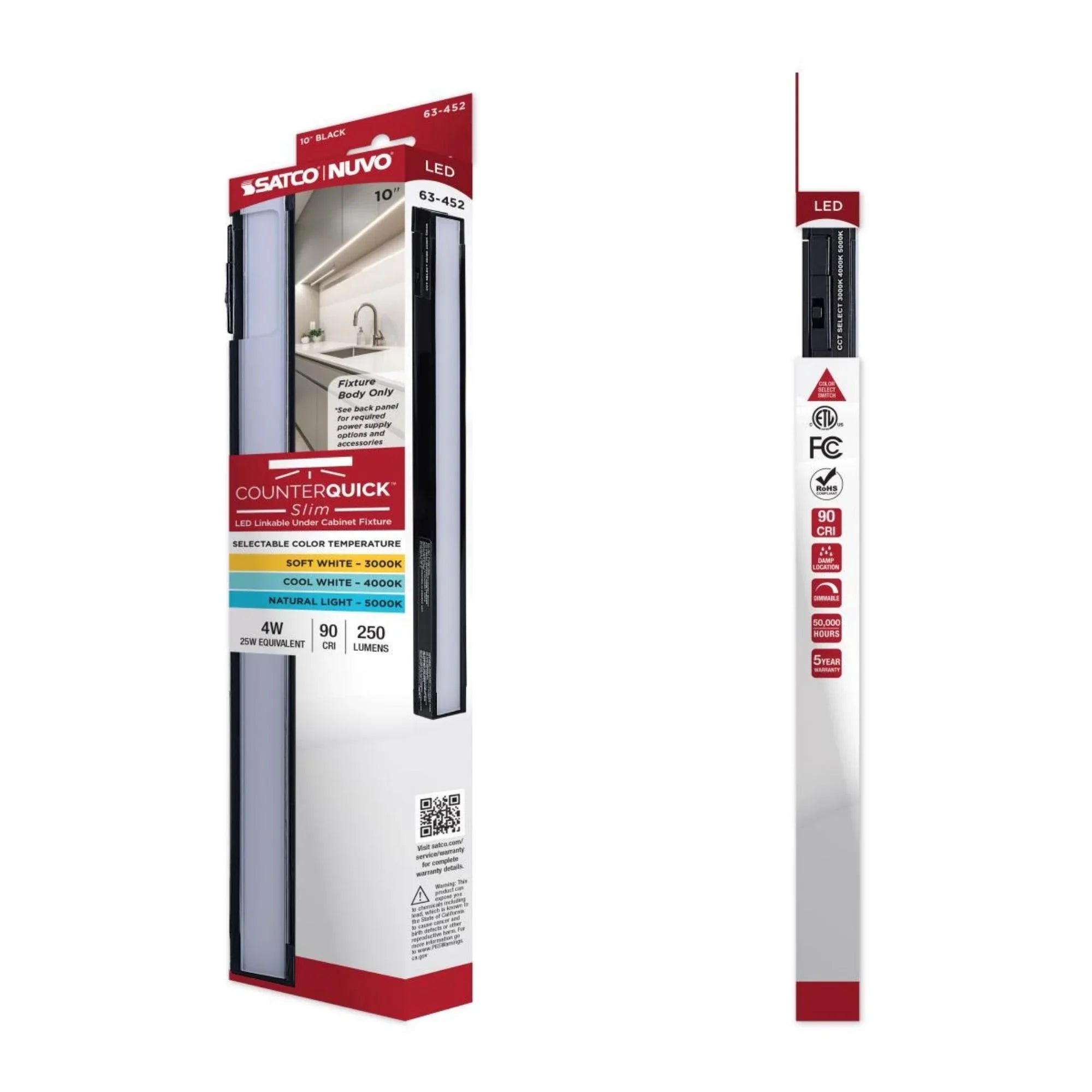 Satco|Nuvo CounterQuick Slim Under Cabinet LED Light, 10", 250 lm, 3CCT (3000K/4000K/5000K), 120V AC, Black (63-452)