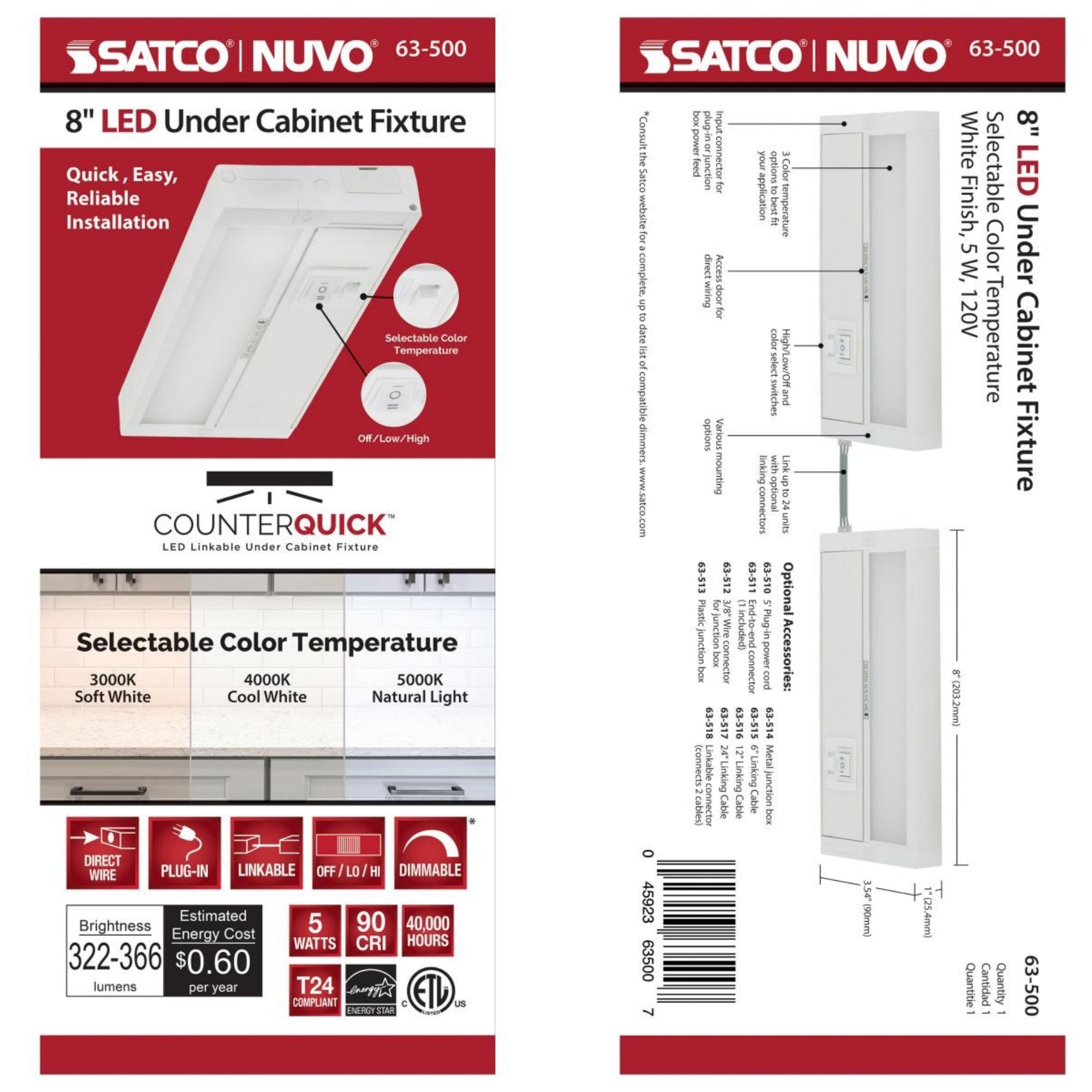 SATCO|NUVO - CounterQUICK 8 Inch Under Cabinet LED Light, 5W, CCT Selectable, 120V, White | Bees Lighting