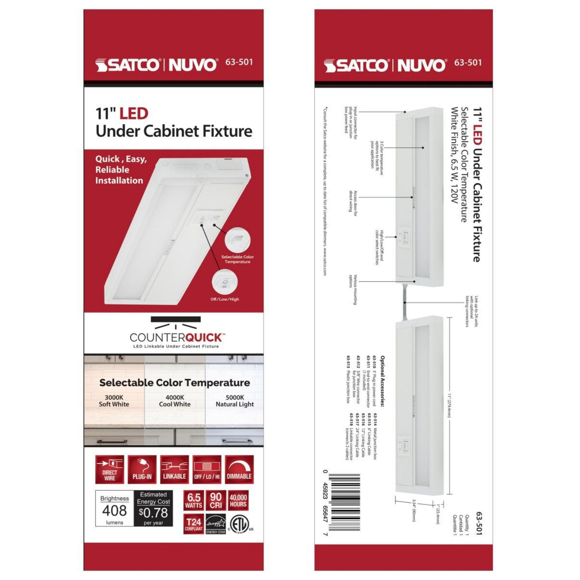 SATCO|NUVO - CounterQUICK 11 Inch Under Cabinet LED Light, 6.5W, CCT Selectable, 120V, White | Bees Lighting