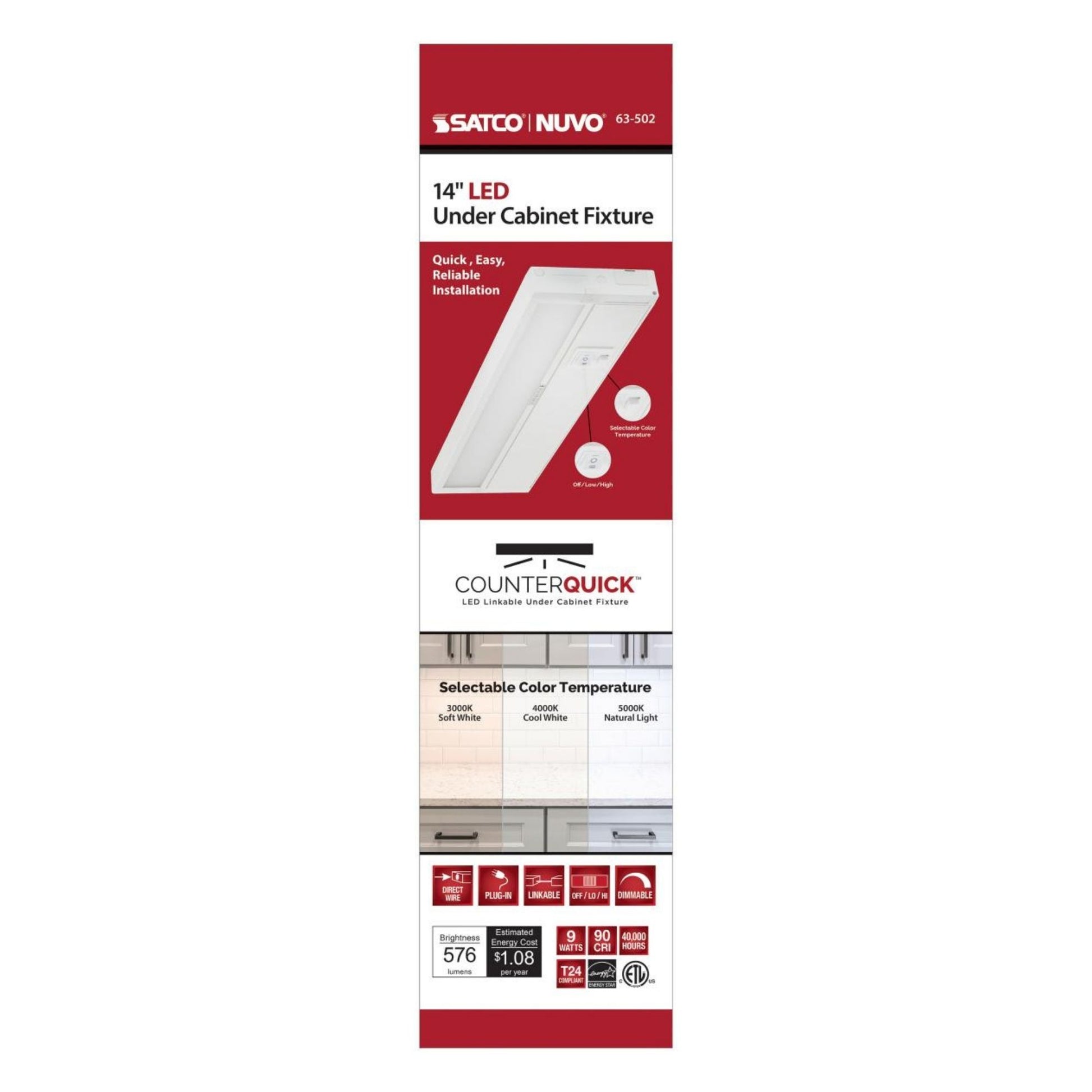 CounterQUICK 14 Inch Under Cabinet LED Light, 9W, CCT Selectable, 120V, White - Bees Lighting