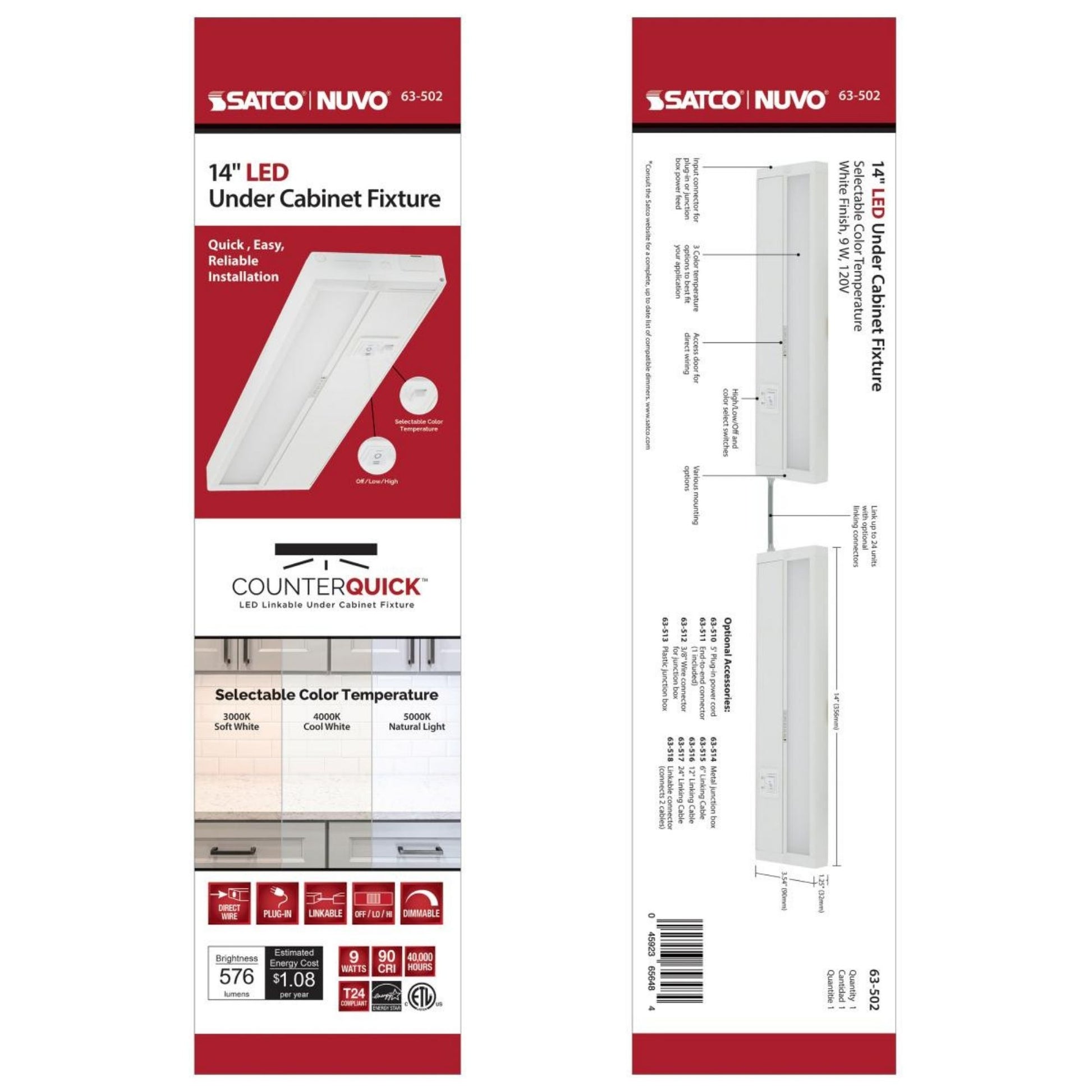 SATCO|NUVO - CounterQUICK 14 Inch Under Cabinet LED Light, 9W, CCT Selectable, 120V, White | Bees Lighting