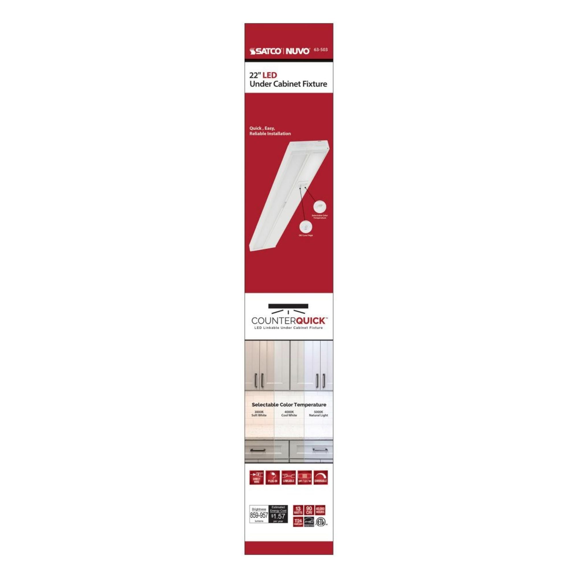 CounterQUICK 22 Inch Under Cabinet LED Light, 13W, CCT Selectable, 120V, White - Bees Lighting