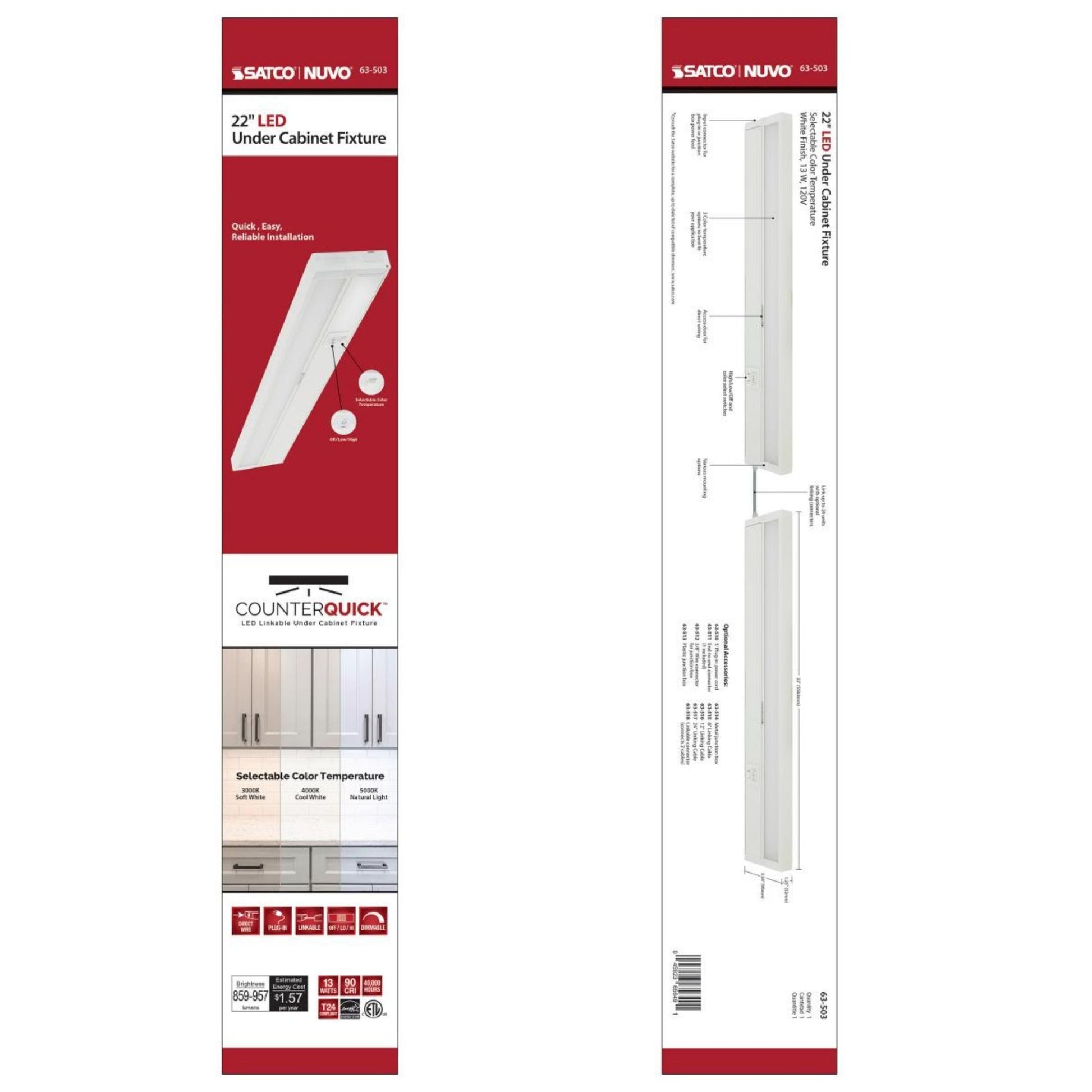 SATCO|NUVO - CounterQUICK 22 Inch Under Cabinet LED Light, 13W, CCT Selectable, 120V, White | Bees Lighting