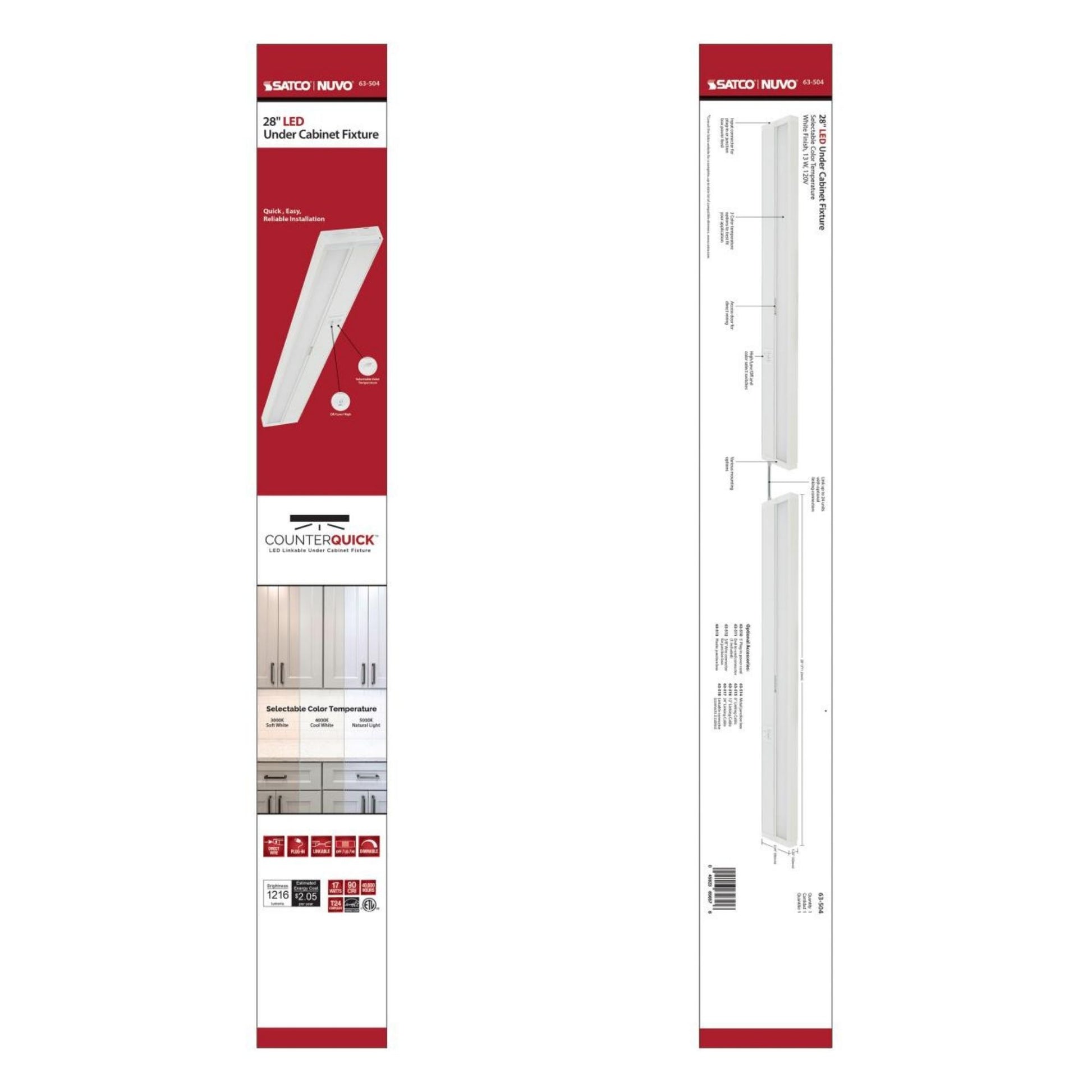 SATCO|NUVO - CounterQUICK 28 Inch Under Cabinet LED Light, 17W, CCT Selectable, 120V, White | Bees Lighting