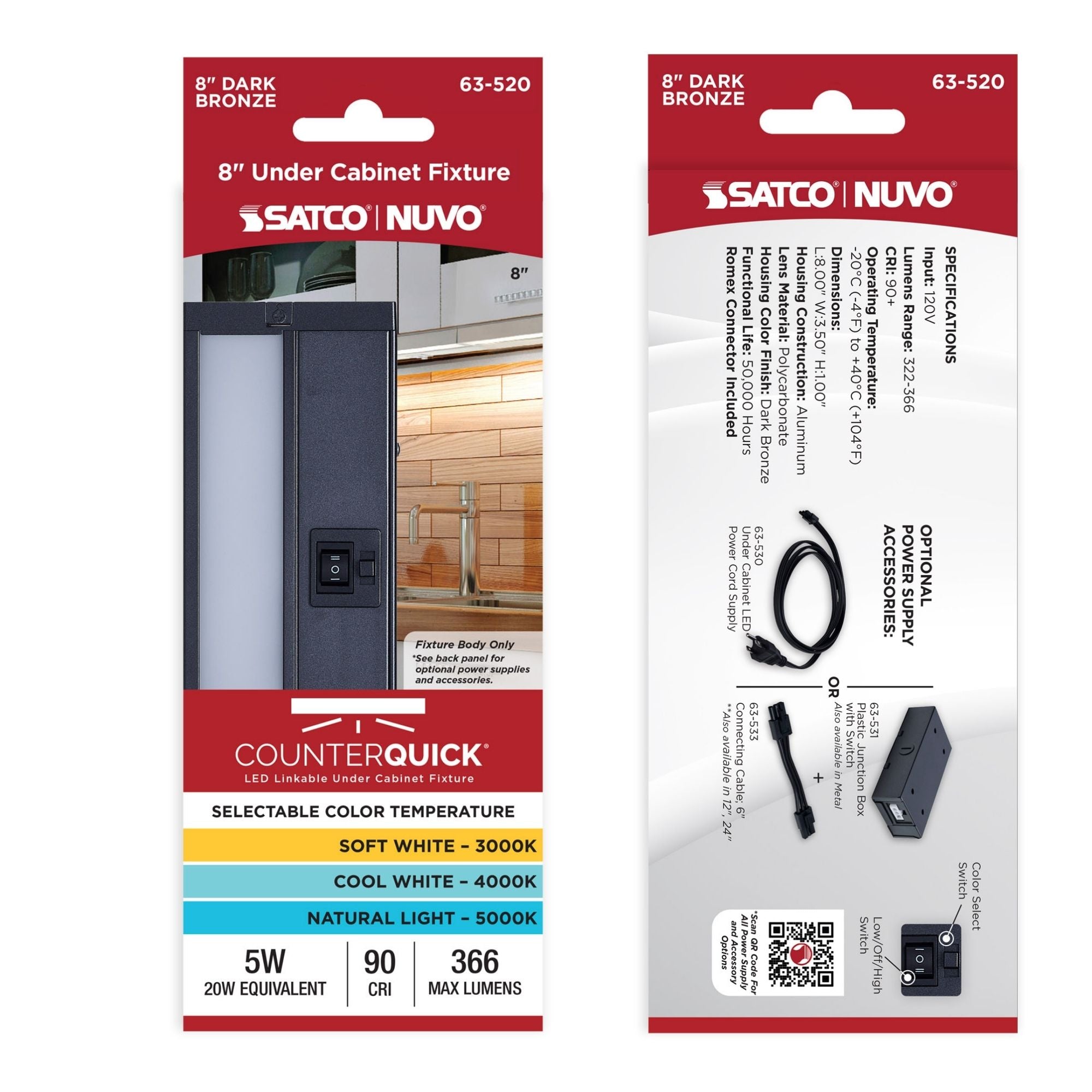 CounterQUICK 8 Inch LED Under Cabinet Light, 5W, CCT Selectable, 120V, Bronze