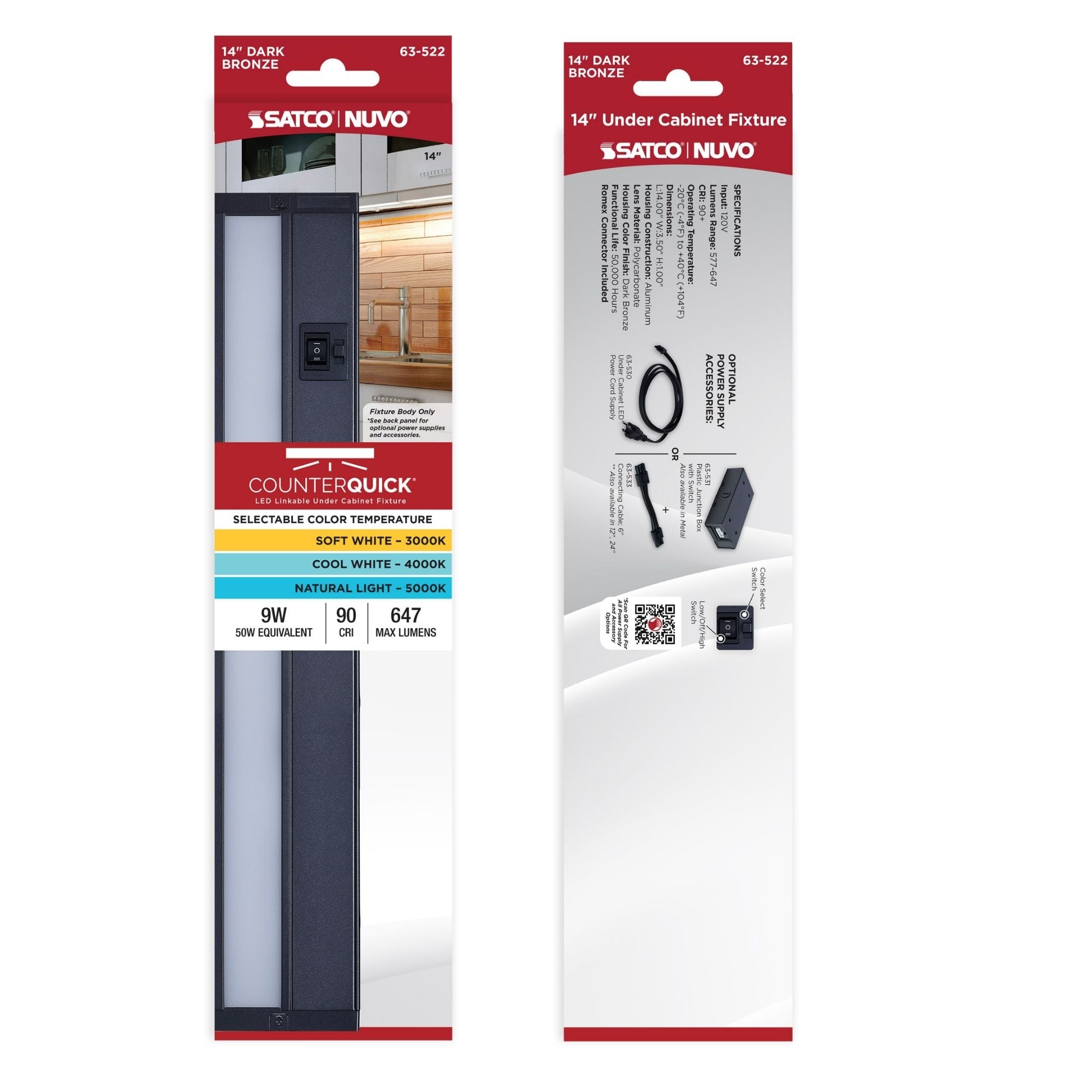 CounterQUICK 14 Inch LED Under Cabinet Light, 9W, CCT Selectable, 120V, Bronze