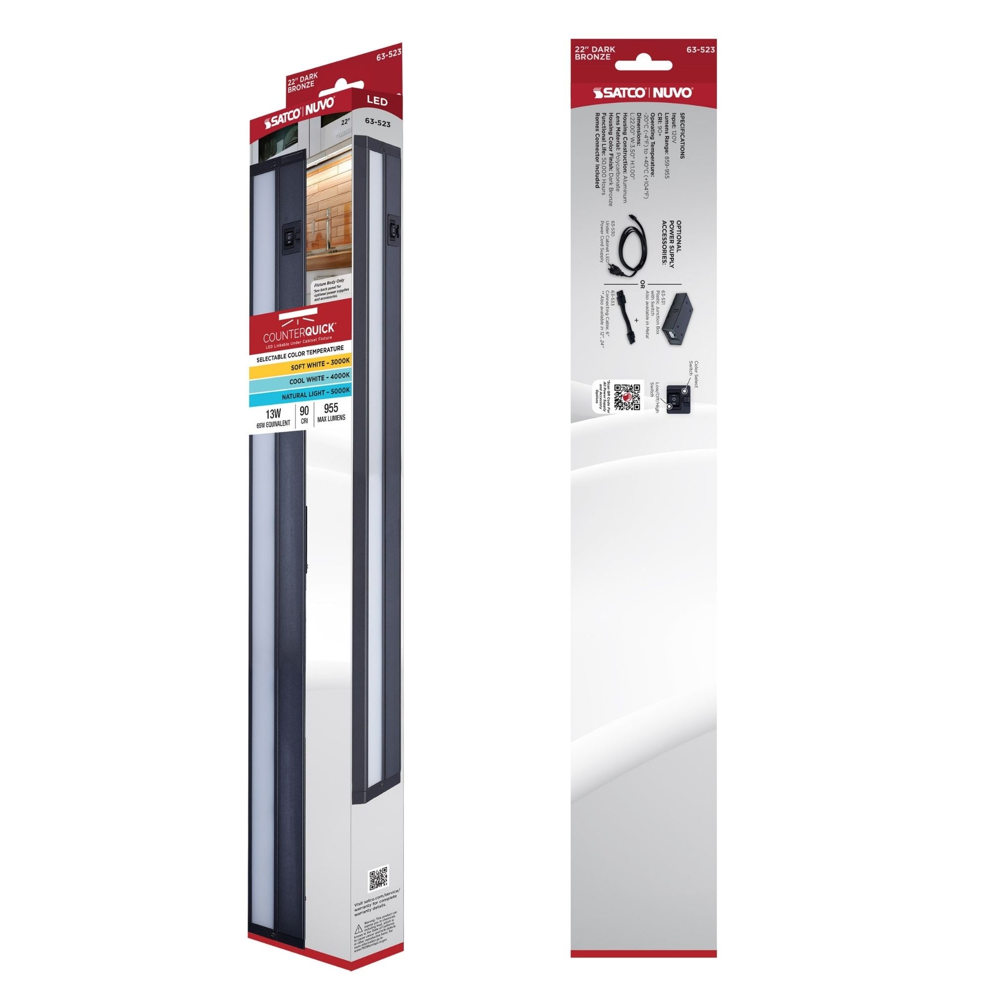 CounterQUICK 22 Inch LED Under Cabinet Light, 13W, CCT Selectable, 120V, Bronze