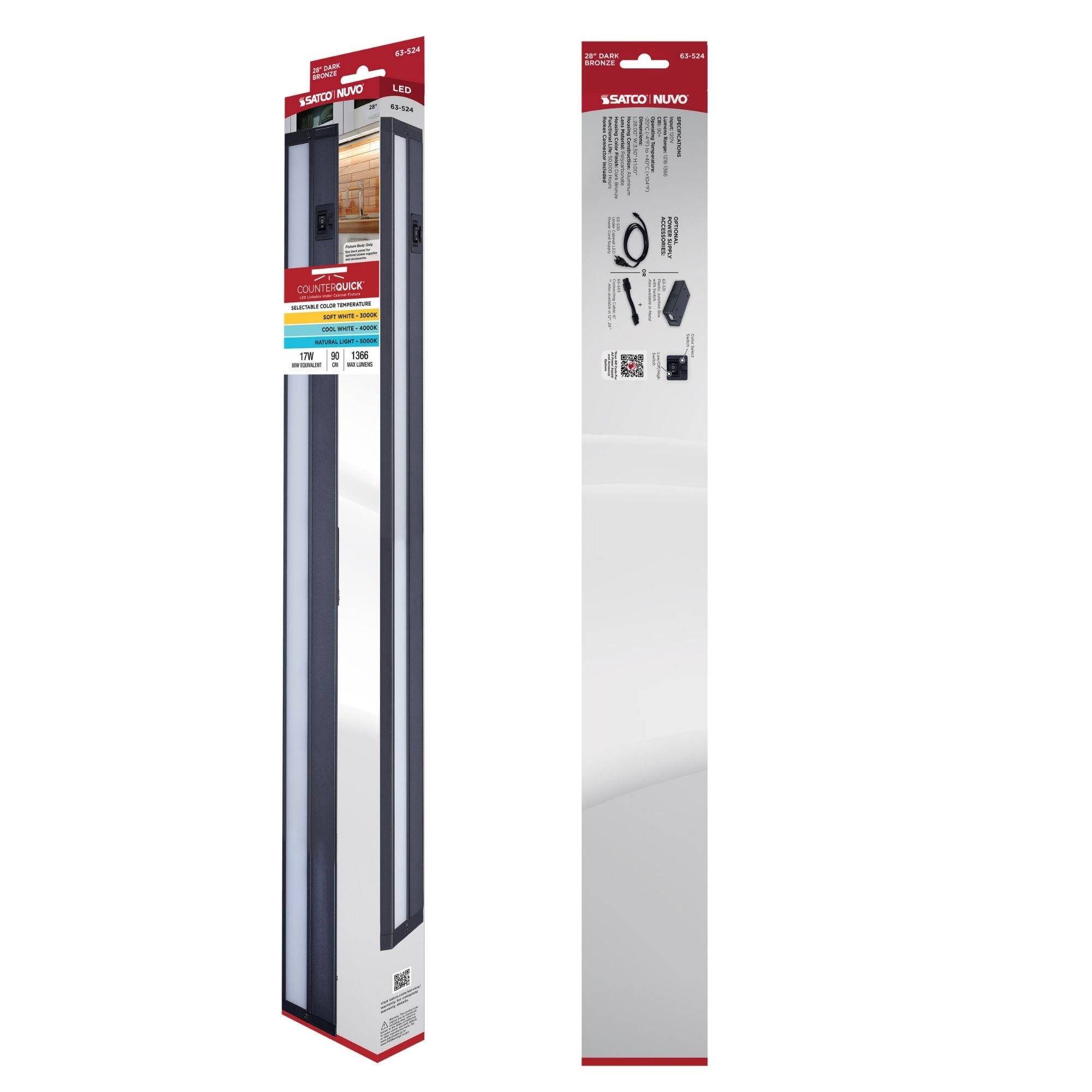 CounterQUICK 28 Inch LED Under Cabinet Light, 17W, CCT Selectable, 120V, Bronze