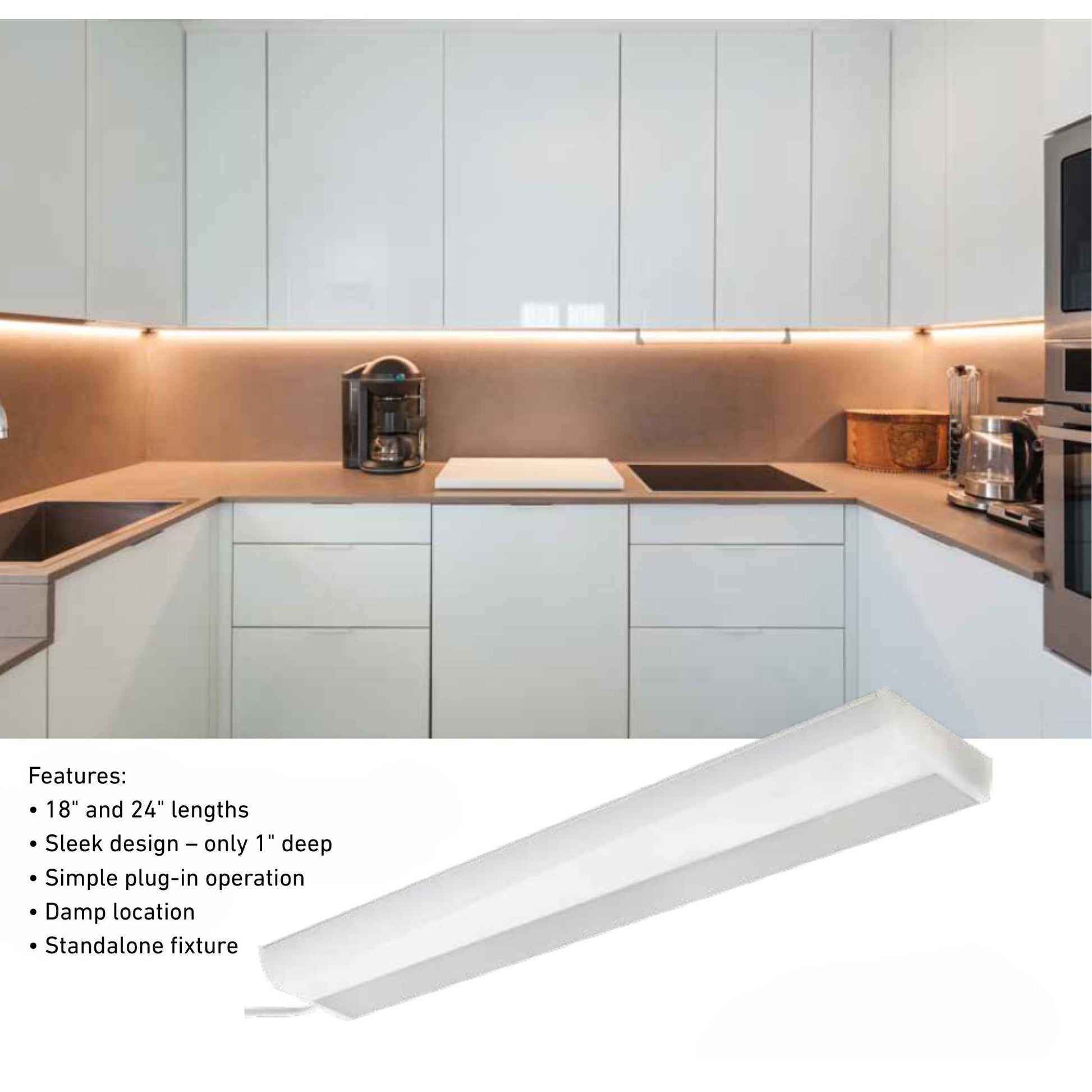 24 Inch LED Under Cabinet Plug-in Light Bar, 1050 Lumens, 3000K, 120V - Bees Lighting