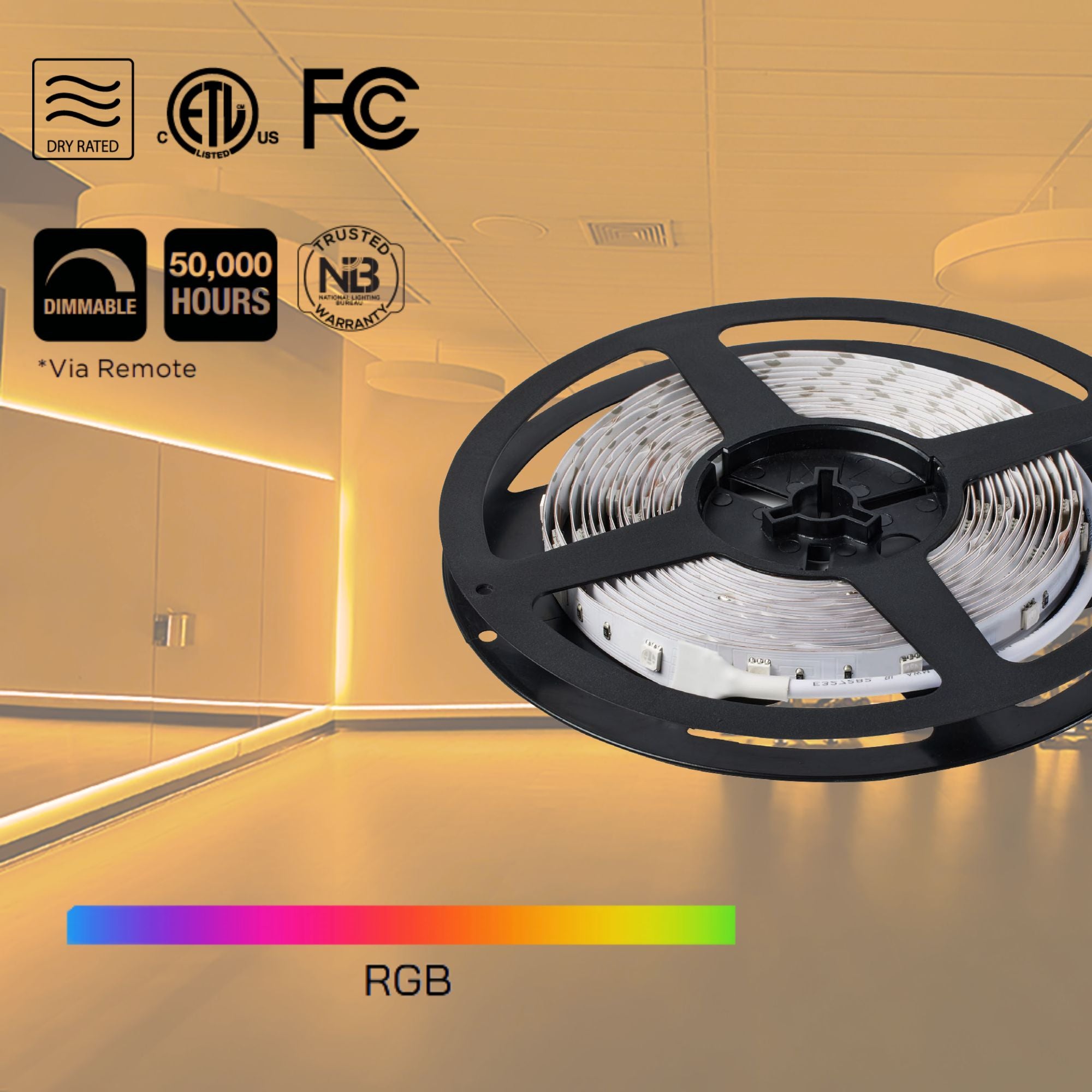 Dimension Color LED Tape Light Kit with Remote, 16Ft Reel, RGB, 12V, Plug Connection