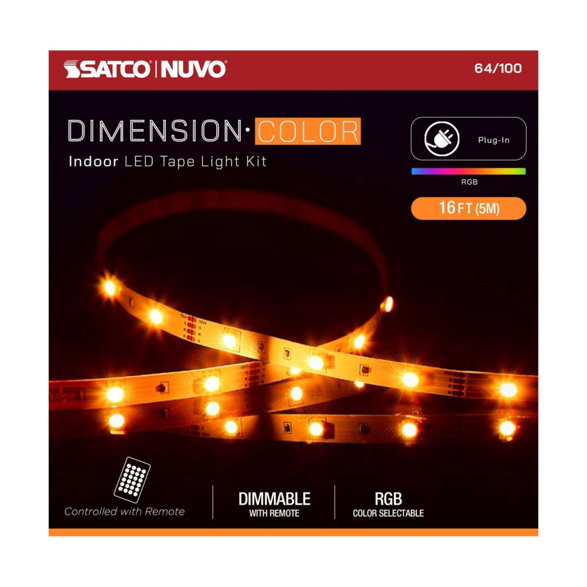 Dimension Color LED Tape Light Kit with Remote, 16Ft Reel, RGB, 12V, Plug Connection
