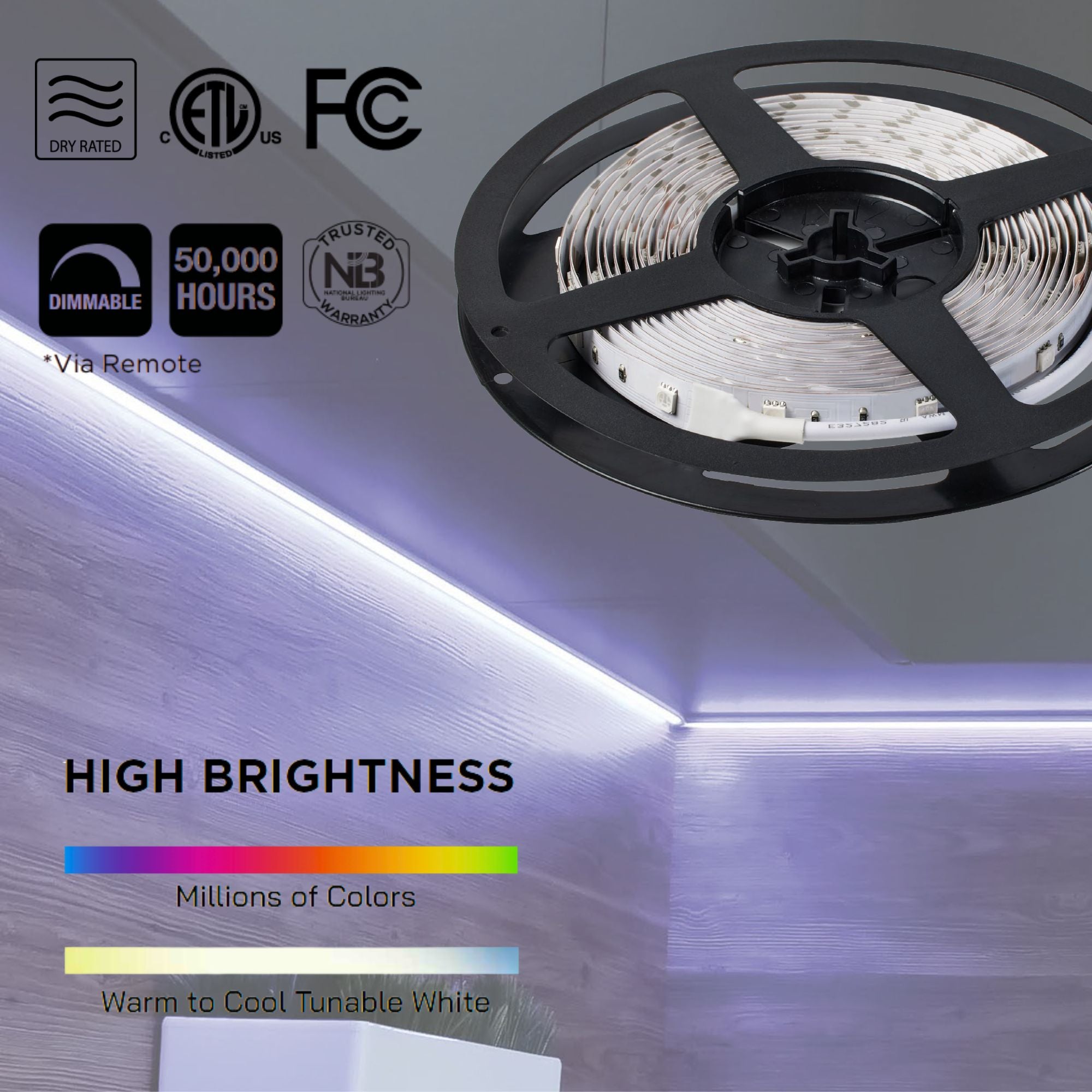 Dimension Performer Plug-In LED Tape Light Kit, 16Ft Reel, RGB + Tunable White, 24V