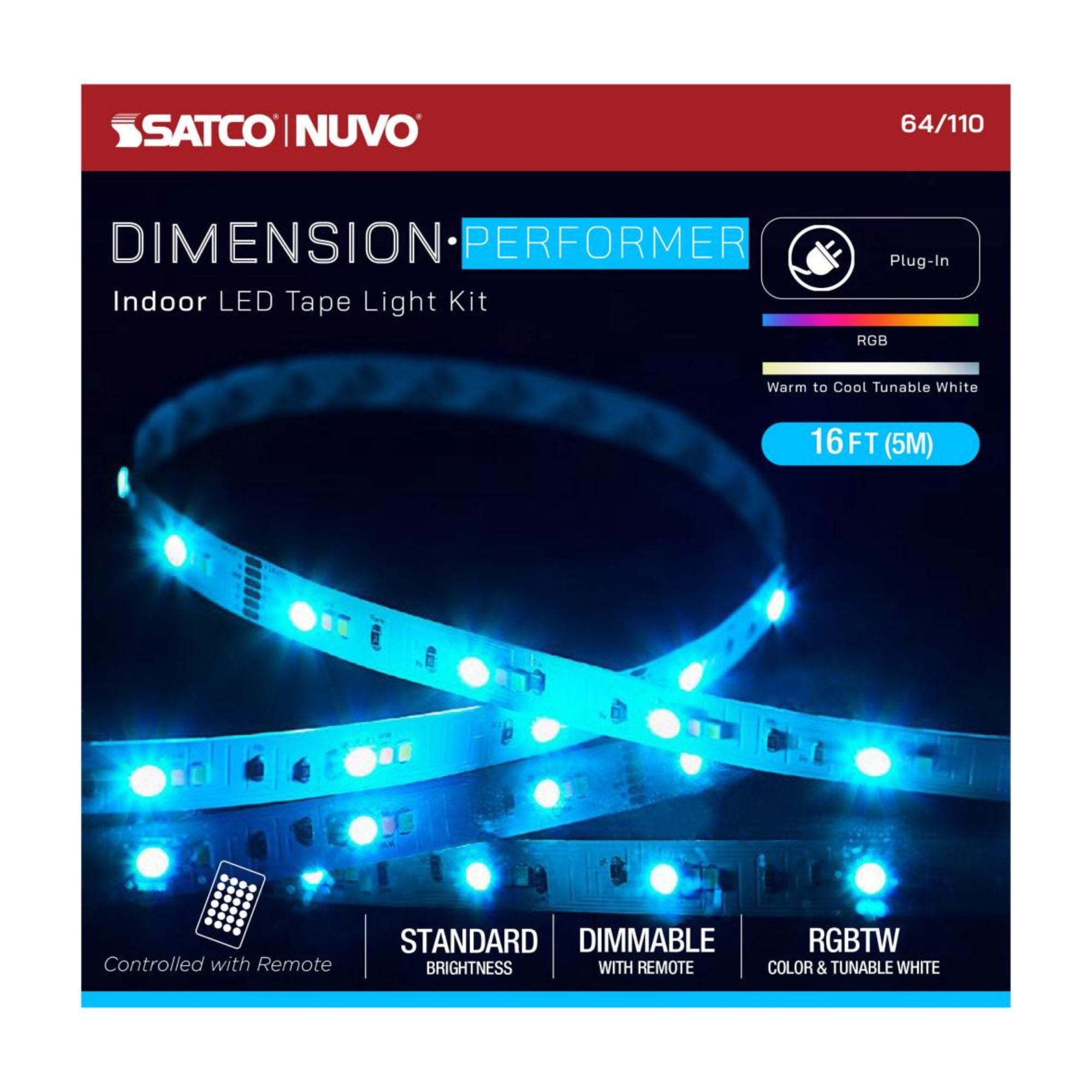 Dimension Performer Plug-In LED Tape Light Kit, 16Ft Reel, RGB + Tunable White, 24V