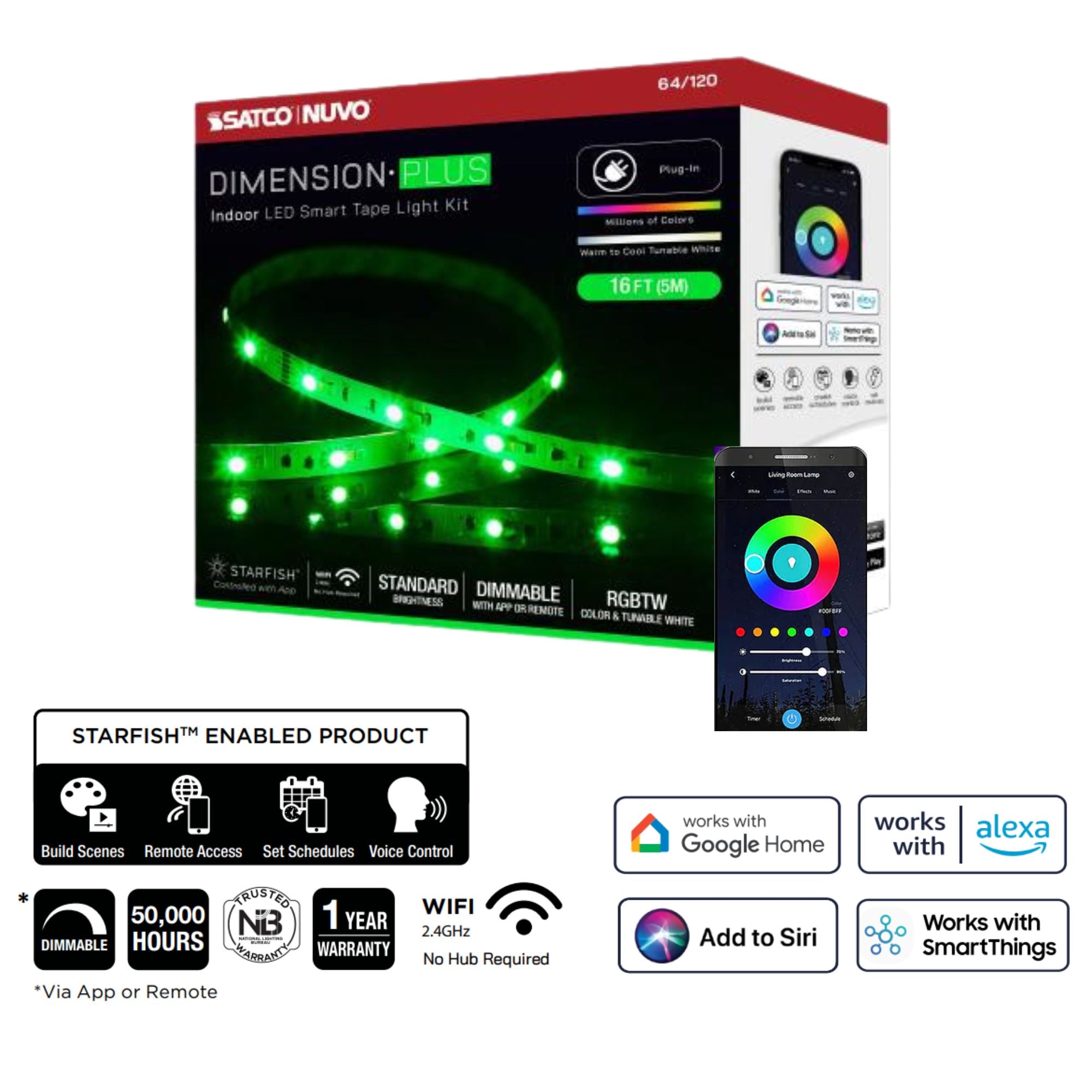 Dimension Plus LED Smart Tape Light Kit, 16Ft Reel, RGB + Tunable White, 24V, Plug Connection