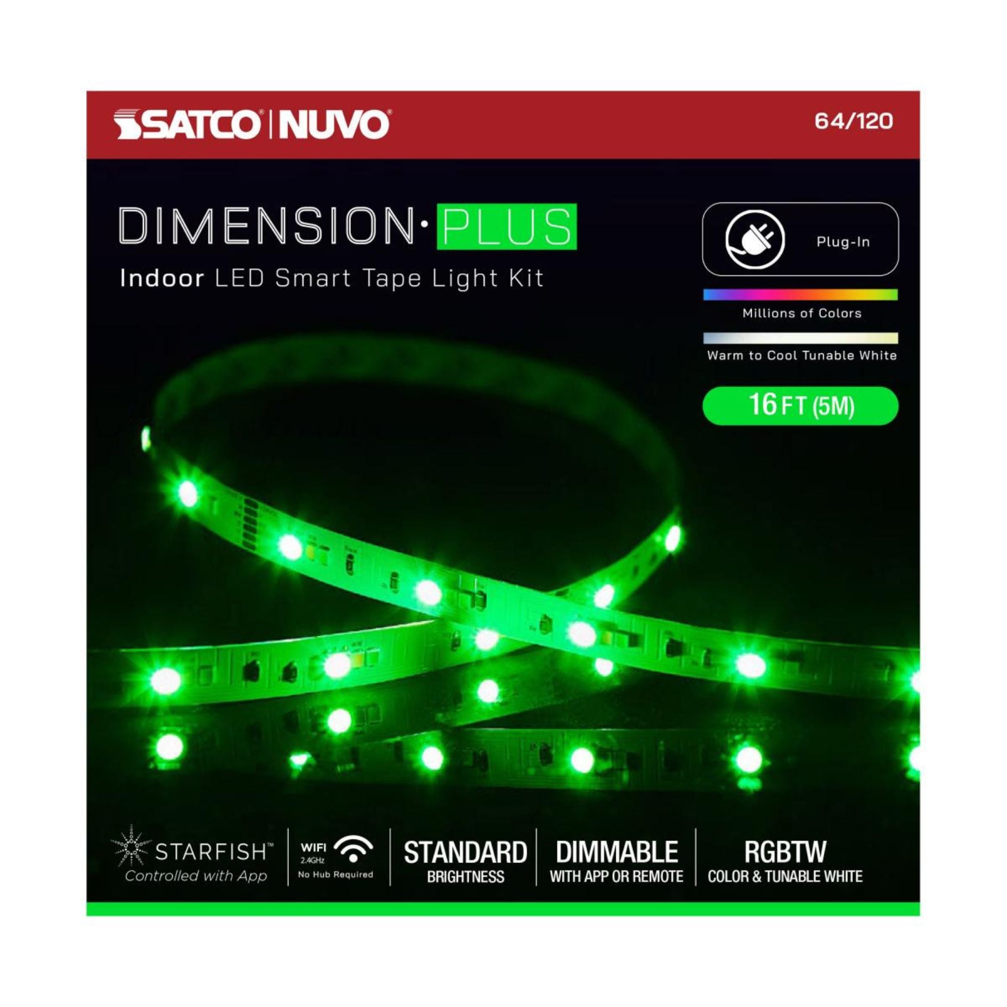 Dimension Plus LED Smart Tape Light Kit, 16Ft Reel, RGB + Tunable White, 24V, Plug Connection