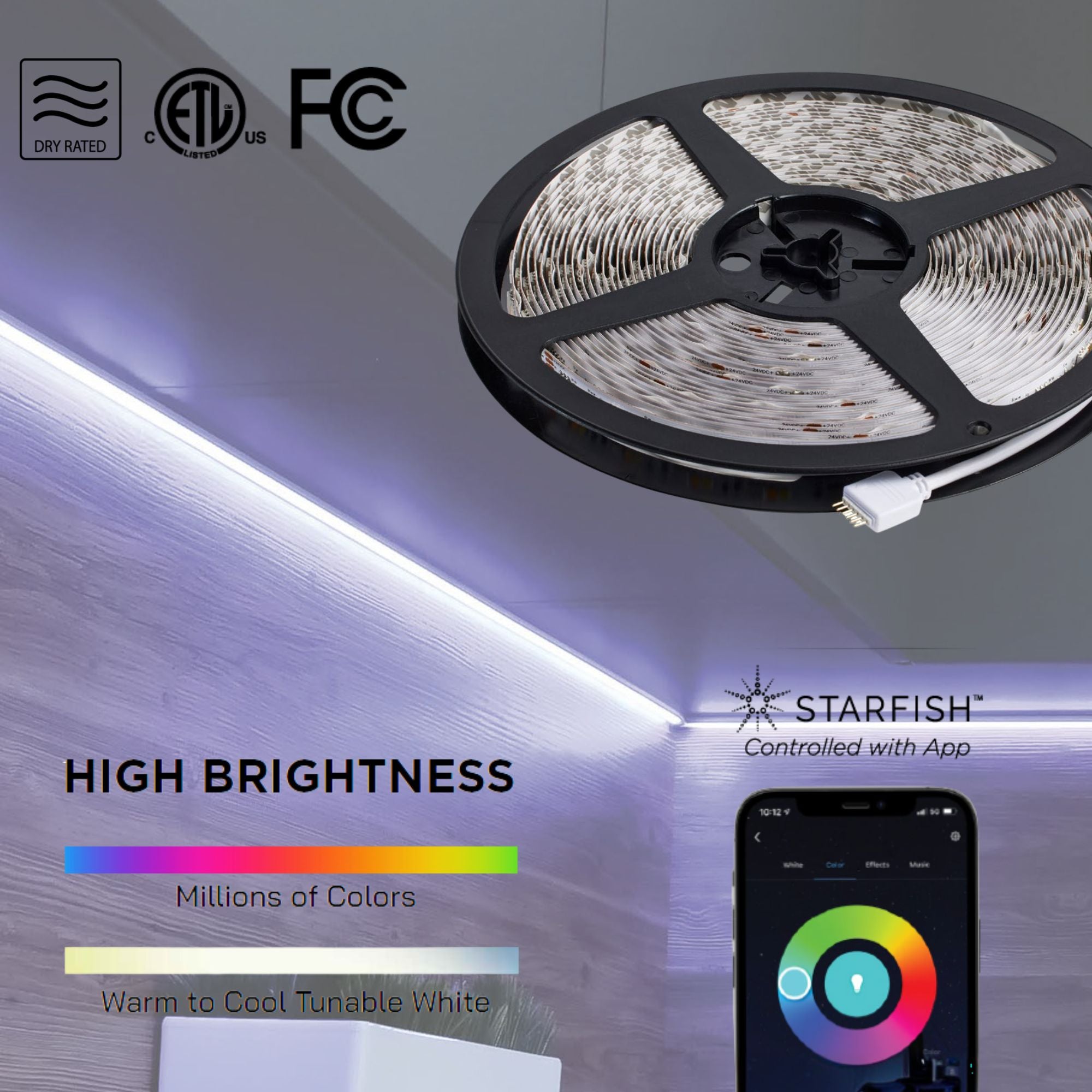 Dimension Plus Direct Wired LED Smart Tape Light Kit, 16Ft Reel, RGB + Tunable White, 24V