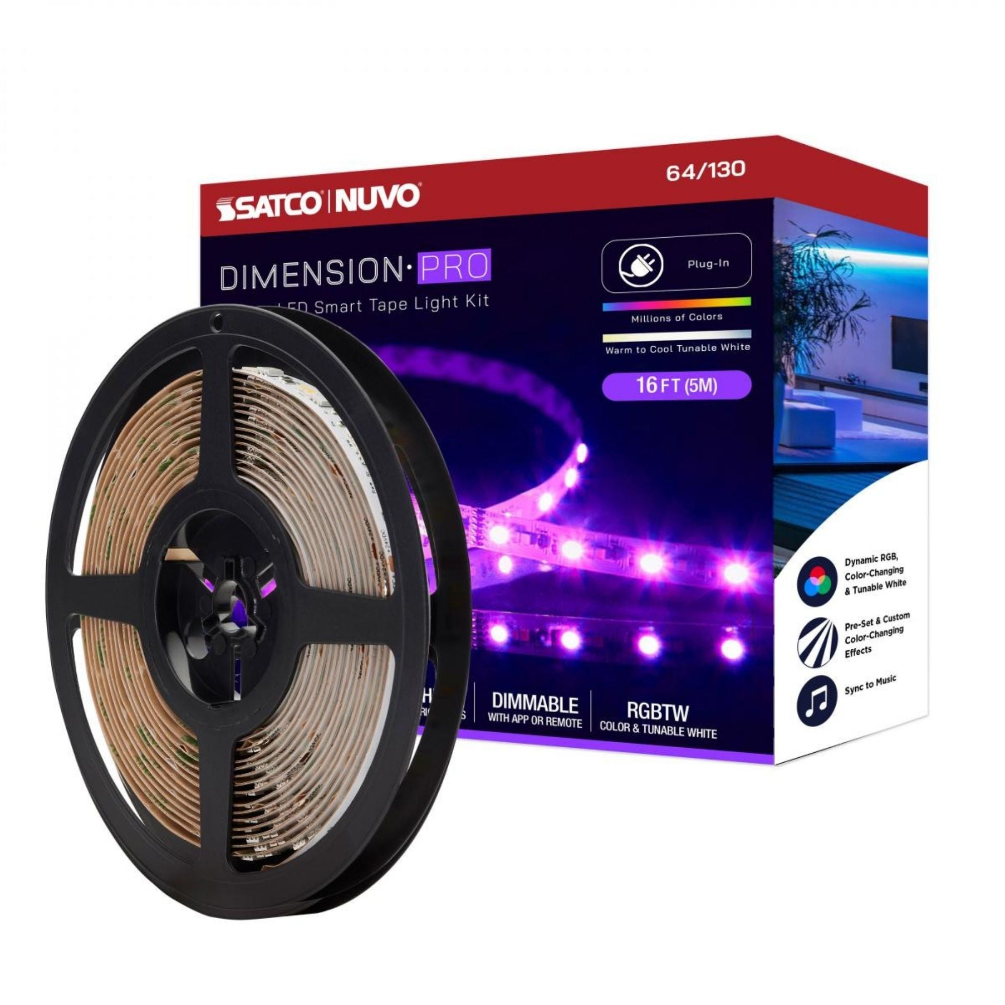 Dimension Pro LED Smart Tape Light Kit, 16Ft Reel, RGB + Tunable White, 24V, Plug Connection