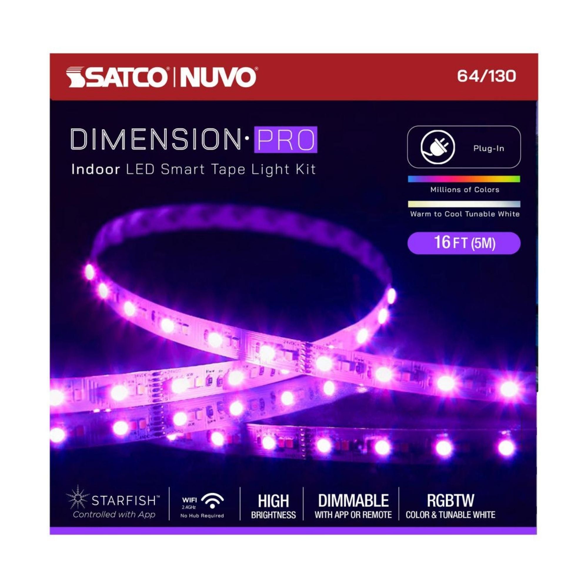 Dimension Pro LED Smart Tape Light Kit, 16Ft Reel, RGB + Tunable White, 24V, Plug Connection