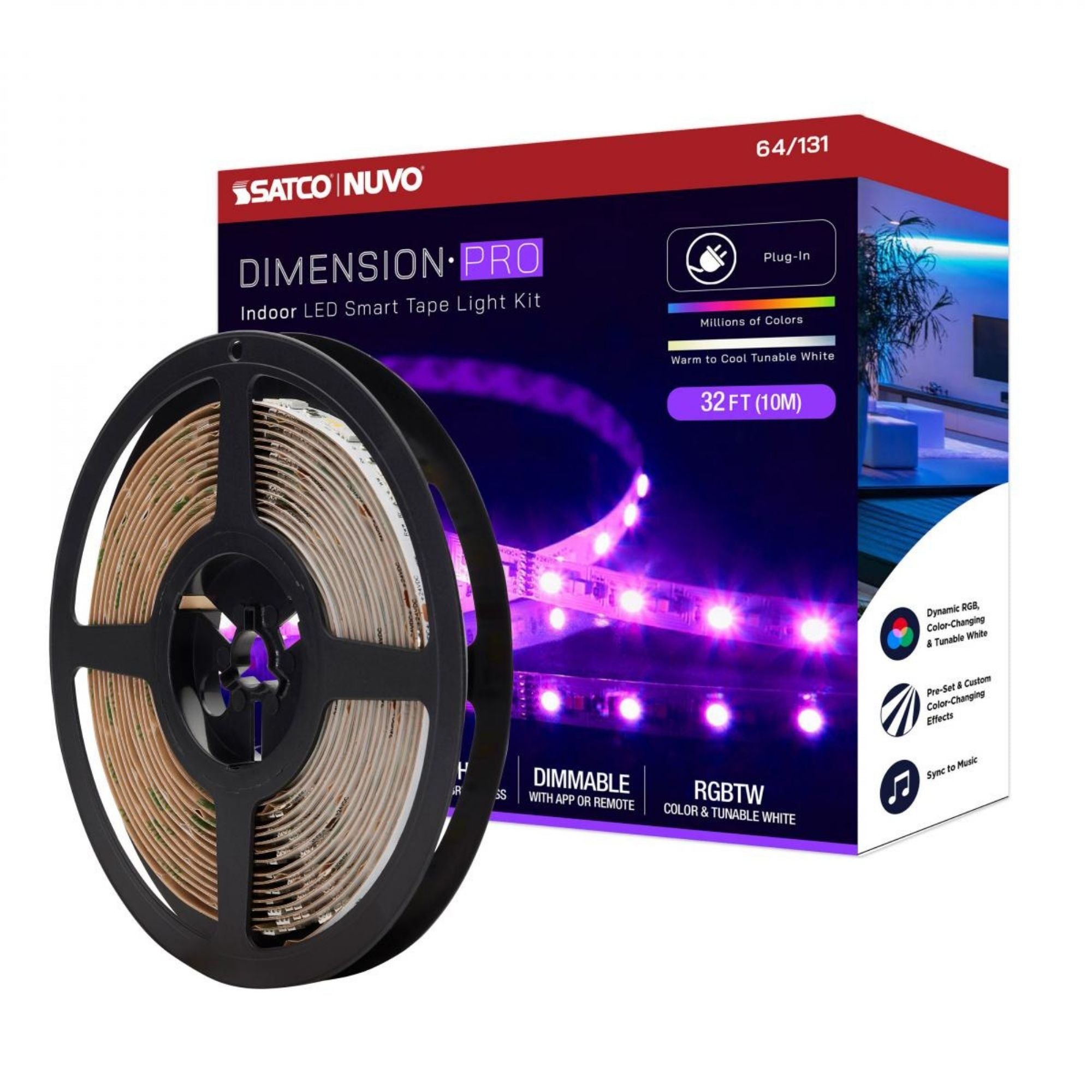 Dimension Pro LED Smart Tape Light Kit, 32Ft Reel, RGB + Tunable White, 24V, Plug Connection