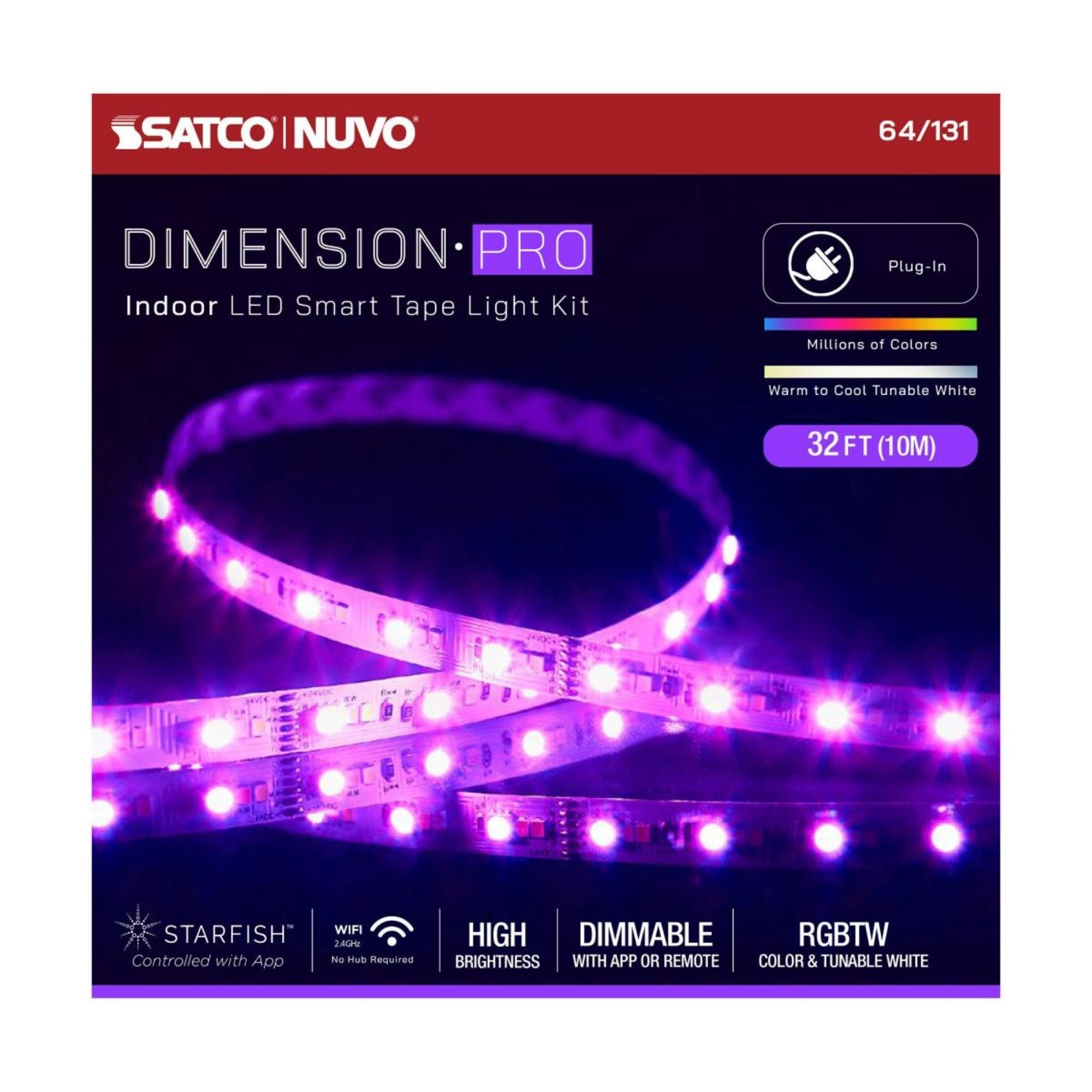 Dimension Pro LED Smart Tape Light Kit, 32Ft Reel, RGB + Tunable White, 24V, Plug Connection