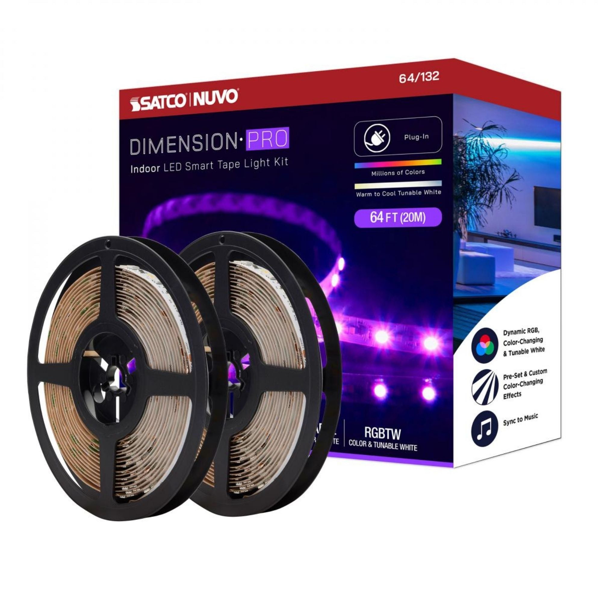 Dimension Pro LED Smart Tape Light Kit, 64Ft Reel, RGB + Tunable White, 24V, Plug Connection