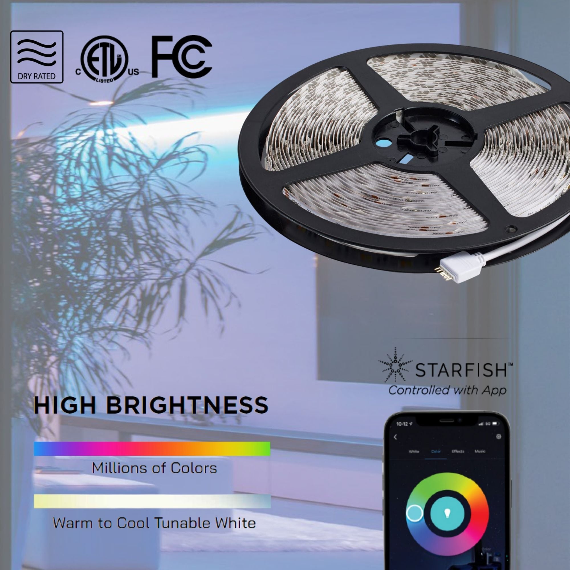 Dimension Pro LED Smart Tape Light Kit, 64Ft Reel, RGB + Tunable White, 24V, Plug Connection