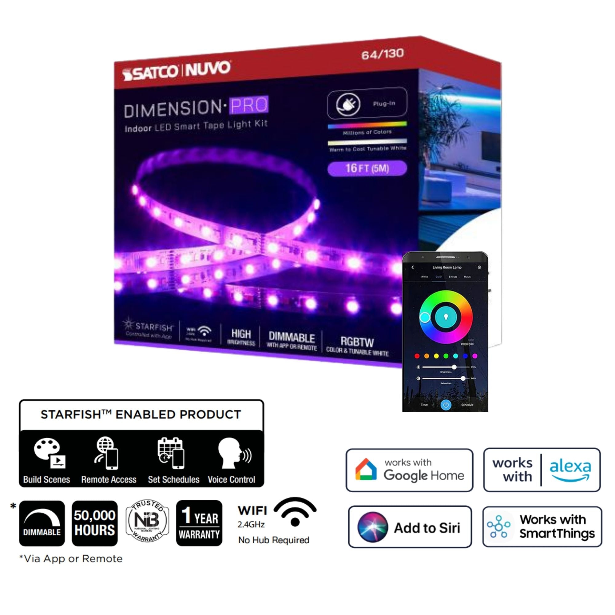 Dimension Pro LED Smart Tape Light Kit, 64Ft Reel, RGB + Tunable White, 24V, Plug Connection