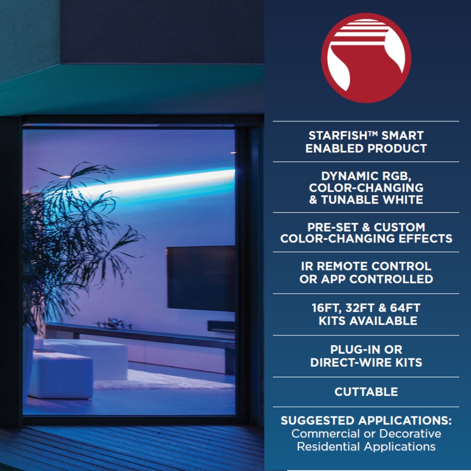 Dimension Pro LED Smart Tape Light Kit, 64Ft Reel, RGB + Tunable White, 24V, Plug Connection
